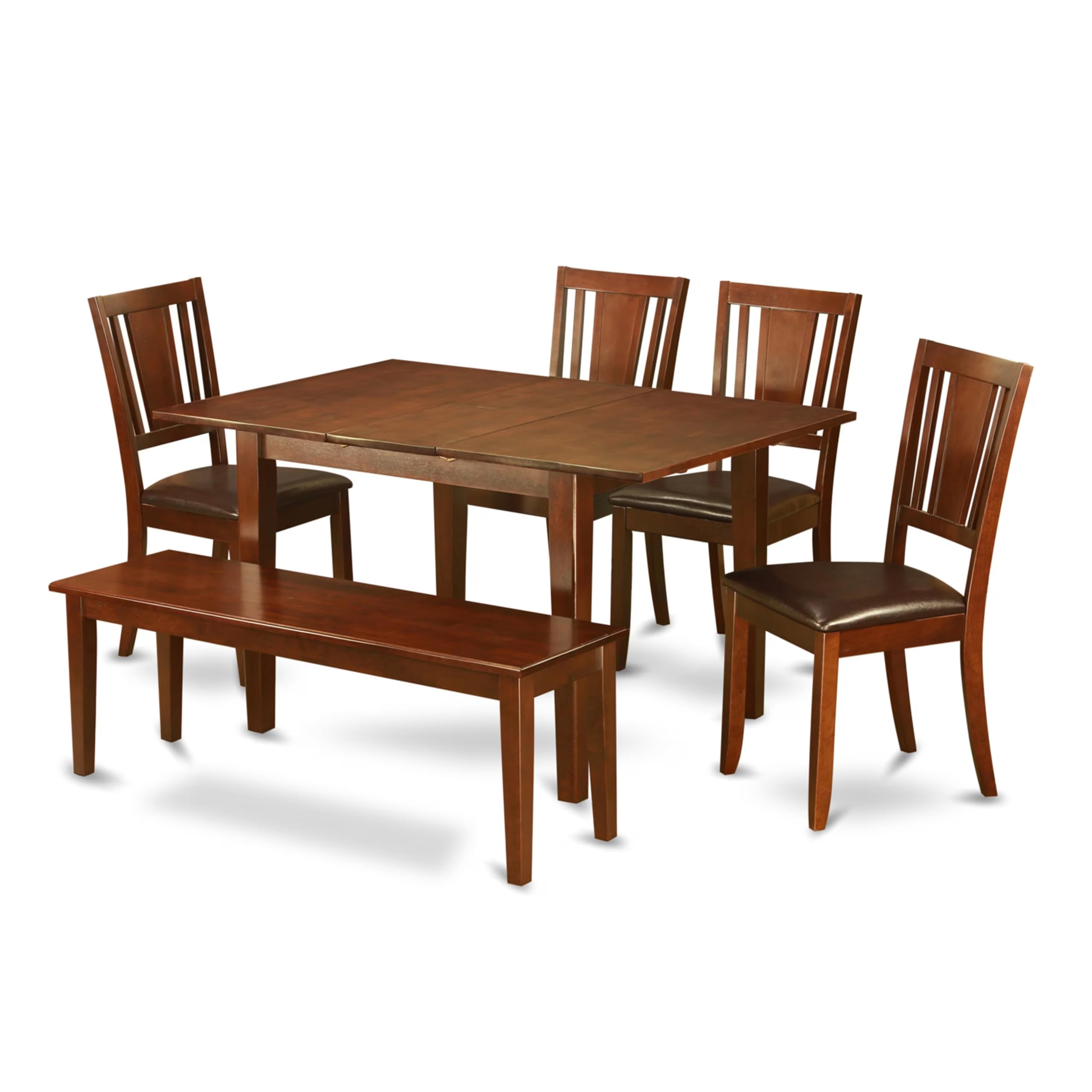 East West Furniture MLDU6D-MAH-LC 6 Piece Dinette Set Contains a Rectangle Dining Room Table with Butterfly Leaf and 4 Faux Leather Dining Chairs with a Bench, 36x54 Inch, Mahogany