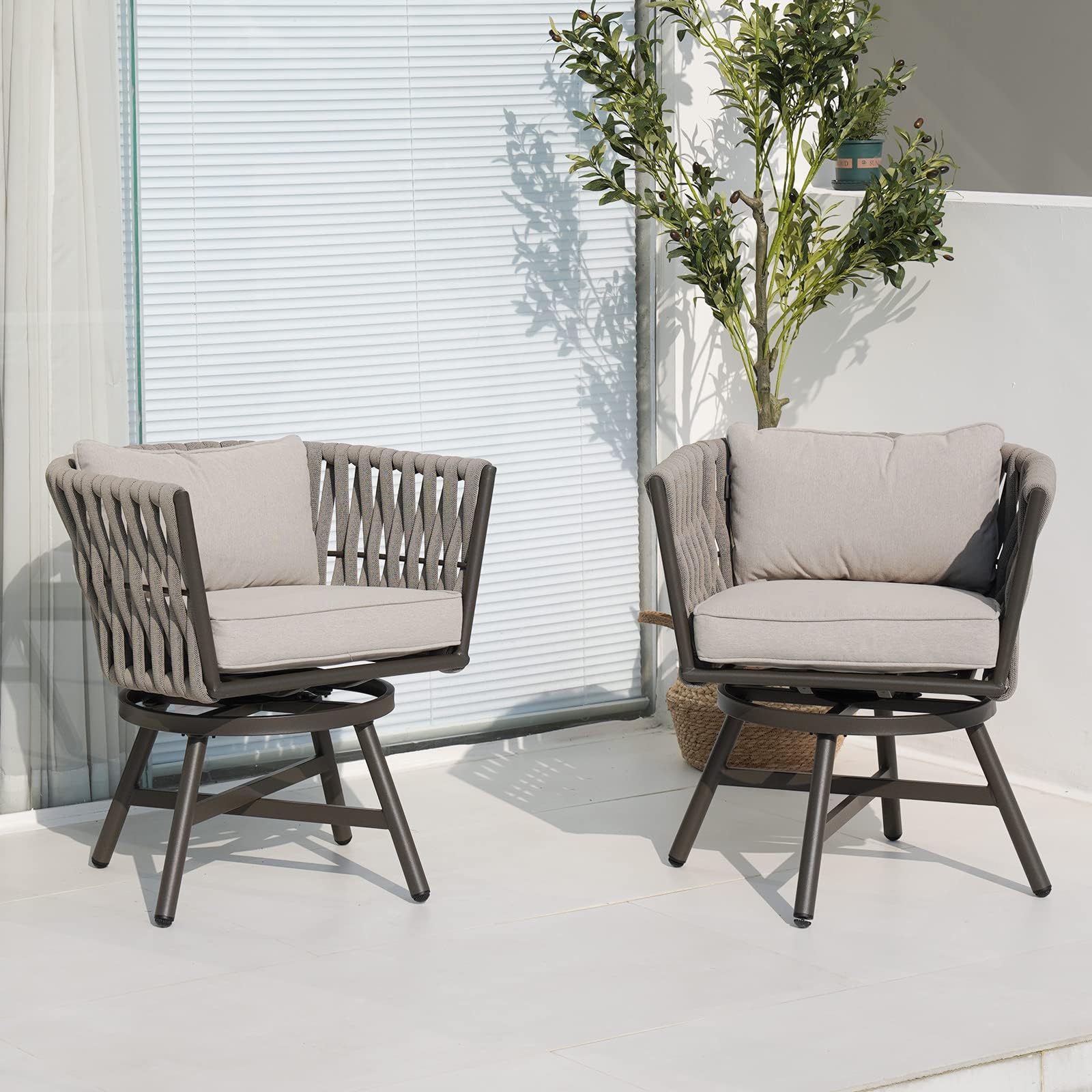 Grand Patio Swivel Rope Wicker Chairs Set Of 2, Patio Dining Chairs With Cushions, Wicker Armchairs Frame, Outdoor Modern Style