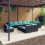 vidaXL 11-Piece Patio Lounge Set with Water-Resistant Cushions - Poly Rattan/Steel-Frame Outdoor Furniture Set - Black with Water-Blue Cushions
