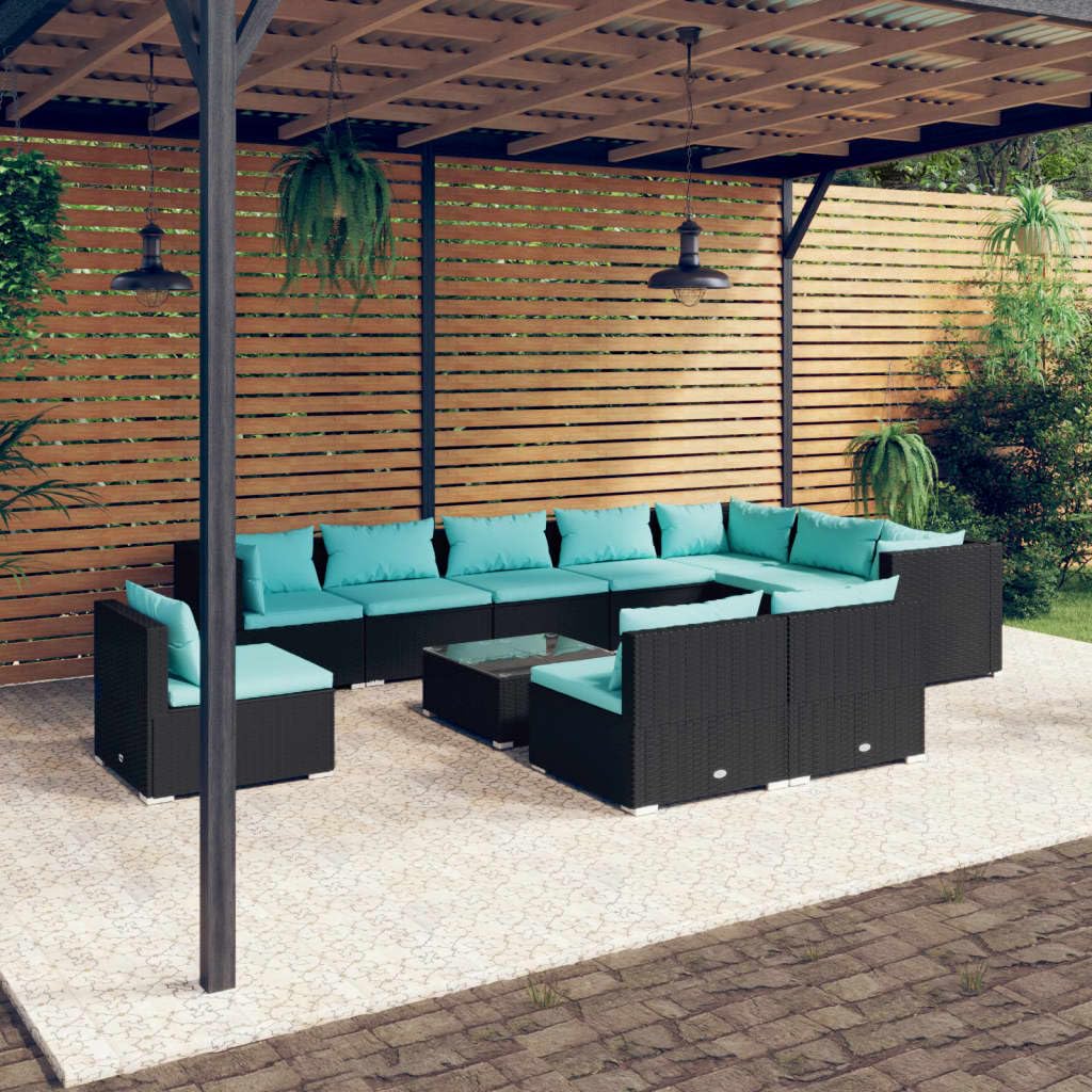 vidaXL 11-Piece Patio Lounge Set with Water-Resistant Cushions - Poly Rattan/Steel-Frame Outdoor Furniture Set - Black with Water-Blue Cushions