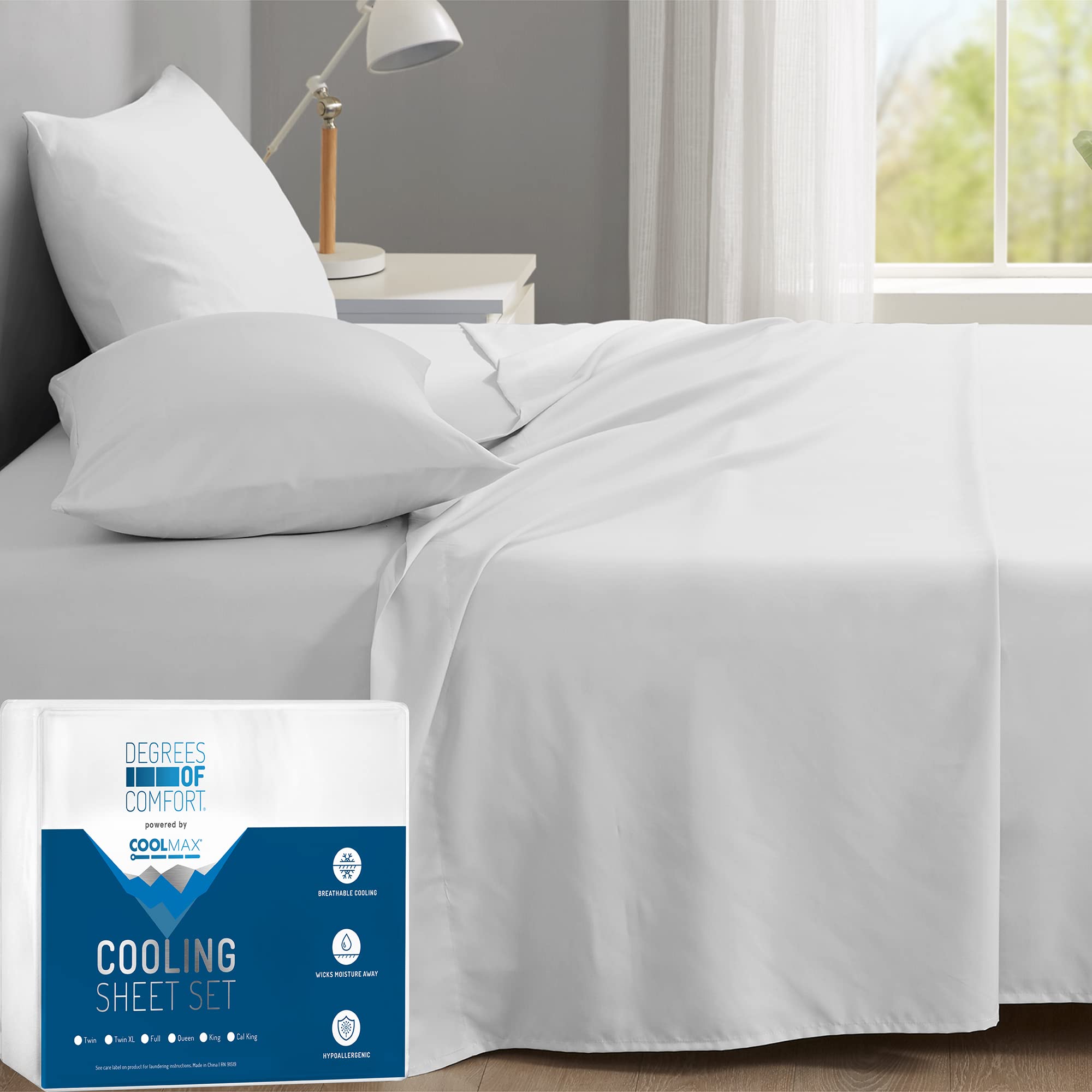 Degrees Of Comfort Coolmax Cooling Sheets Set For Twin Xl Size Bed, Moisture Wicking For Night Sweats Best Comfort, Cool Sheets For Hot Sleepers During Warm Weather With Deep Pocket, White-3Pc