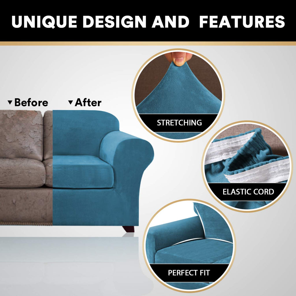 Princedeco 3 Pieces Sofa Covers Velvet Couch Covers For 2 Cushion Sofa Soft Sofa Covers For 2 Cushion Couch Width Up To 90 Inch Feature Thick Soft Stay In Place(Medium-Large, Seagrass)