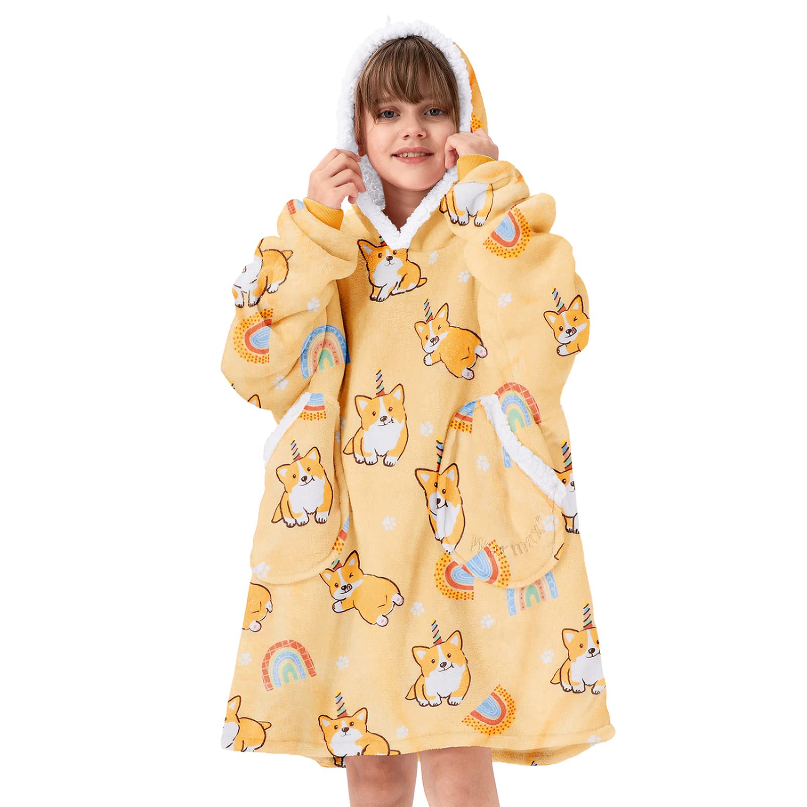 Blanket Hoodie For Girls Wearable Blanket For Kids Oversized Hoodie Sherpa Hooded Sweatshirt Corgi.