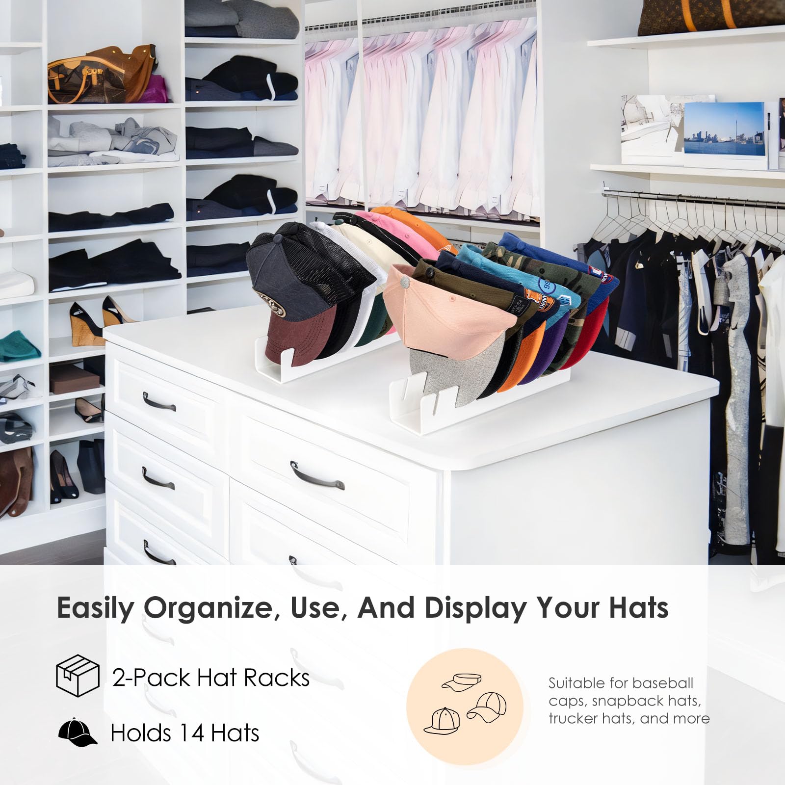 Oaprire Hat Stand For Baseball Caps Display And Organizer, No Install Acrylic Hat Organizer 2 Pack Holds 14 Baseball Caps For Cl