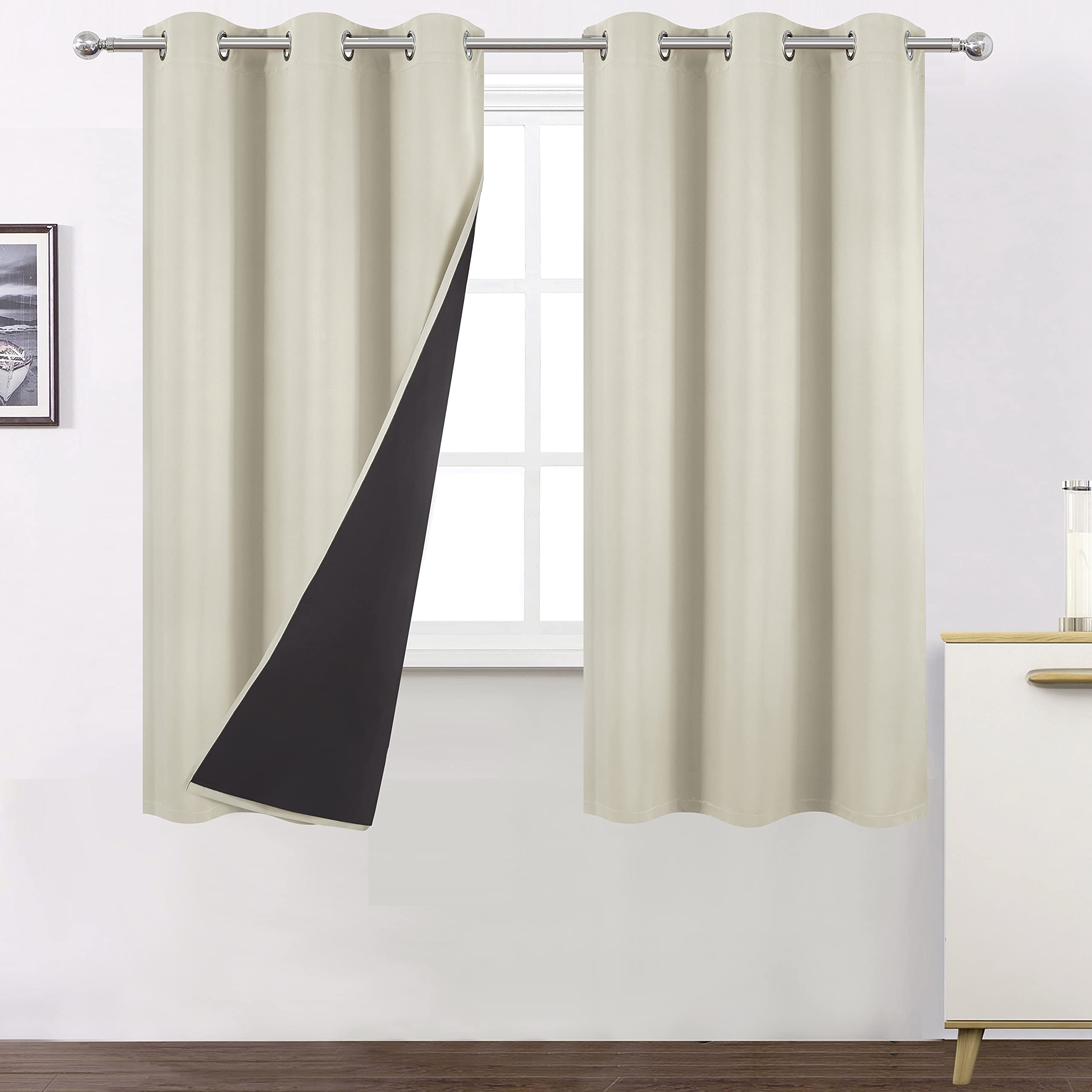 LEMOMO 100% Blackout Curtains 40 x 63 Inch/Light Beige Curtains 2 Panels with Black Liner/Double Layer Full Room Darkening Bedro