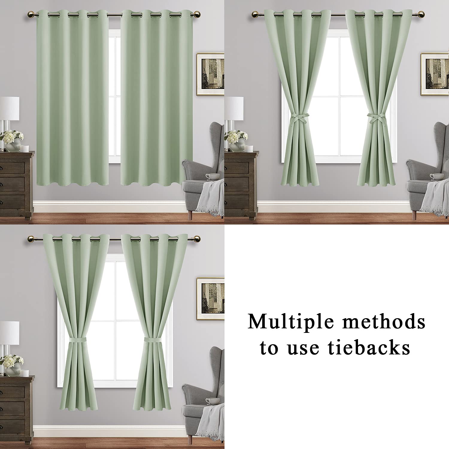 Jiuzhen Light Green Blackout Curtains With Tiebacks-Thermal Insulated, Light Blocking And Noise Reducing Grommet Curtain Drapes For Bedroom And Living Room, Set Of 2 Curtain Panels, 52X84 Inch Length