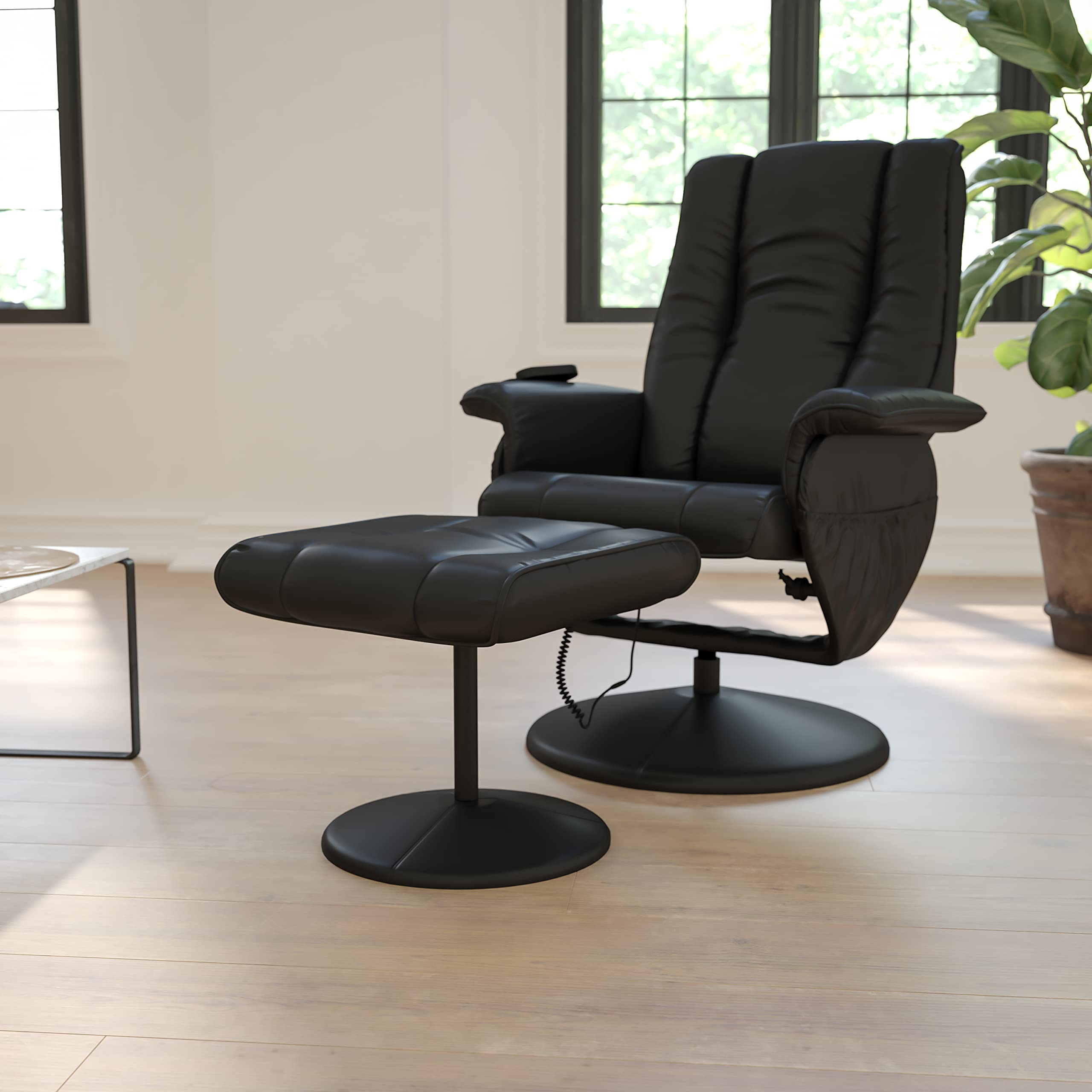 Flash Furniture Hall Massaging Heat Controlled Adjustable Recliner and Ottoman with Wrapped Base in Black LeatherSoft