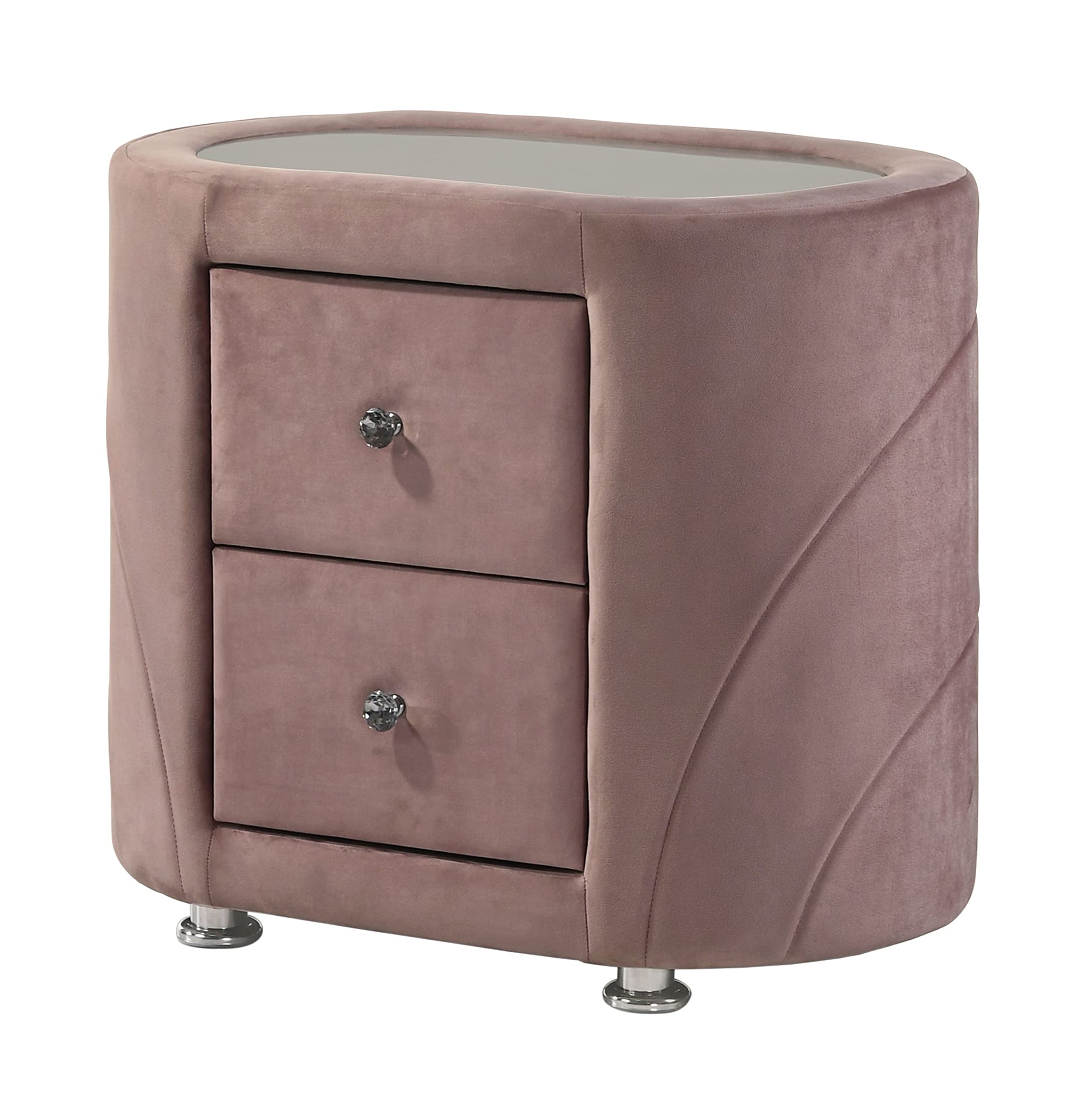 Acme Salonia 2 Drawers Velvet Upholstery Nightstand with Mirror Top in Pink