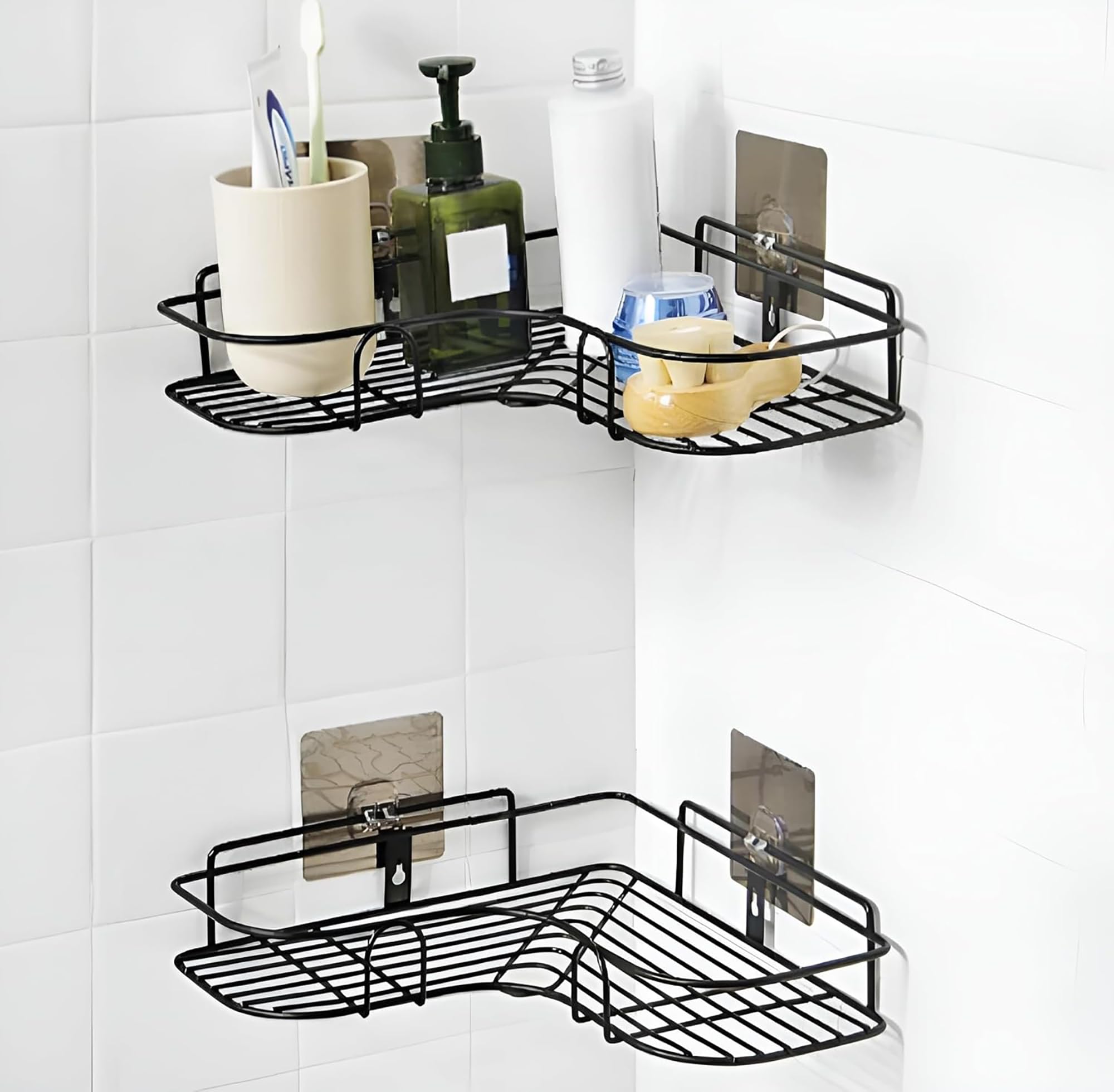 Uncluttered Metal Corner Shelf (Pack Of 2) | Self Adhesive & Drill Wall Mounted Bathroom Shelf | Kitchen & Bathroom Storage Orga