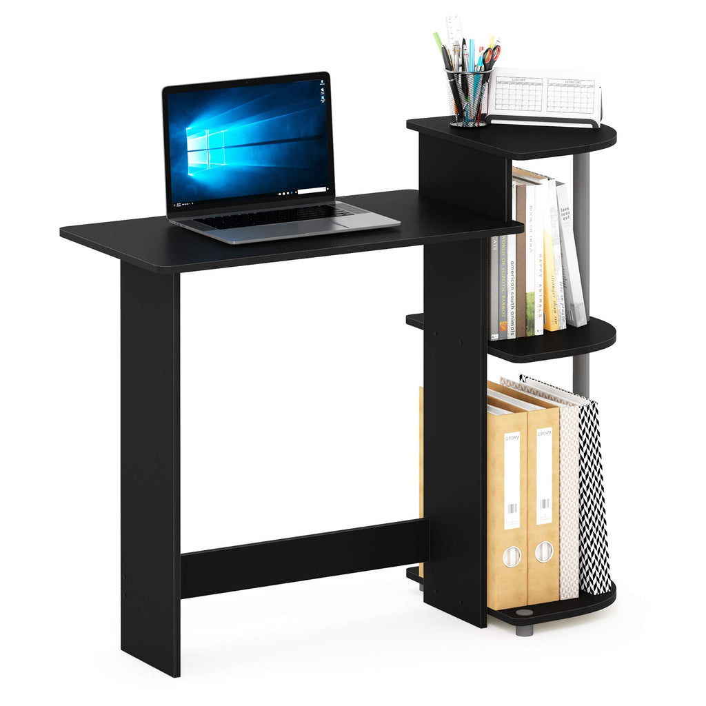 Furinno Compact Computer Desk with Shelves, Round Side, Black/Grey
