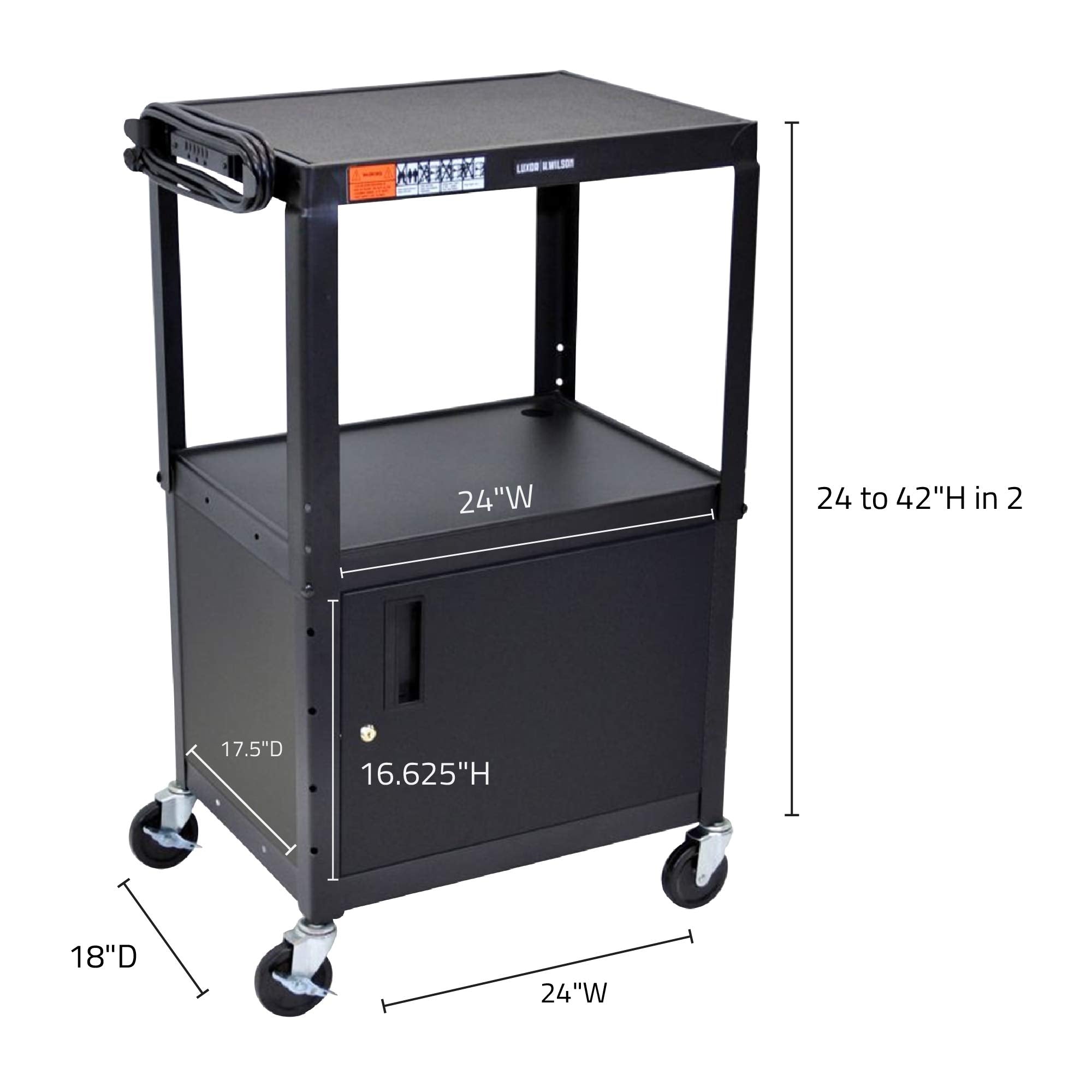Luxor Multipurpose Adjustable Height Steel A/V Utility Cart with Cabinet - Black