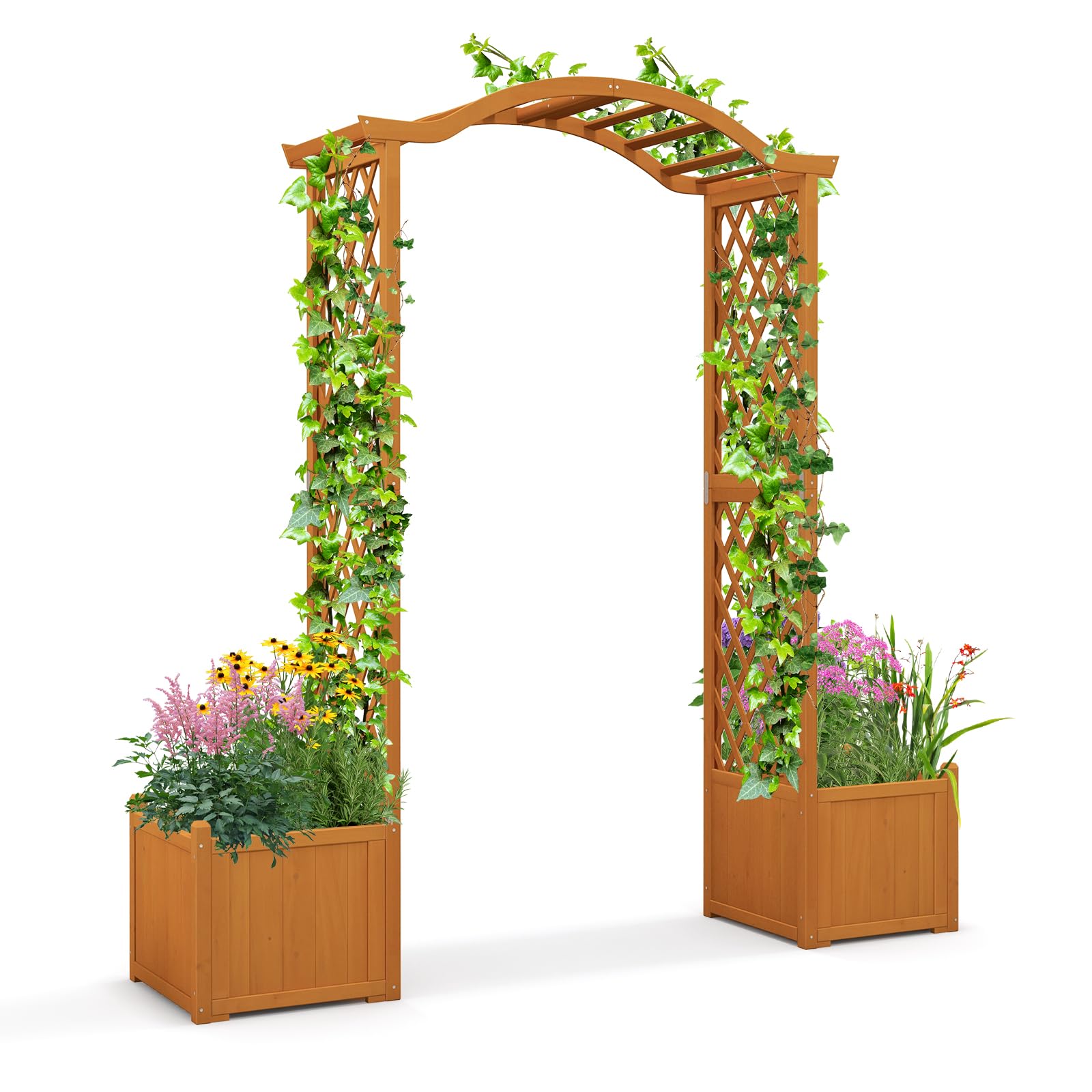 Giantex Garden Arbor With Planter, Wooden Planter Arch With Trellis, Outdoor Arch For Climbing Plants, Vegetables, Herbs, Decora
