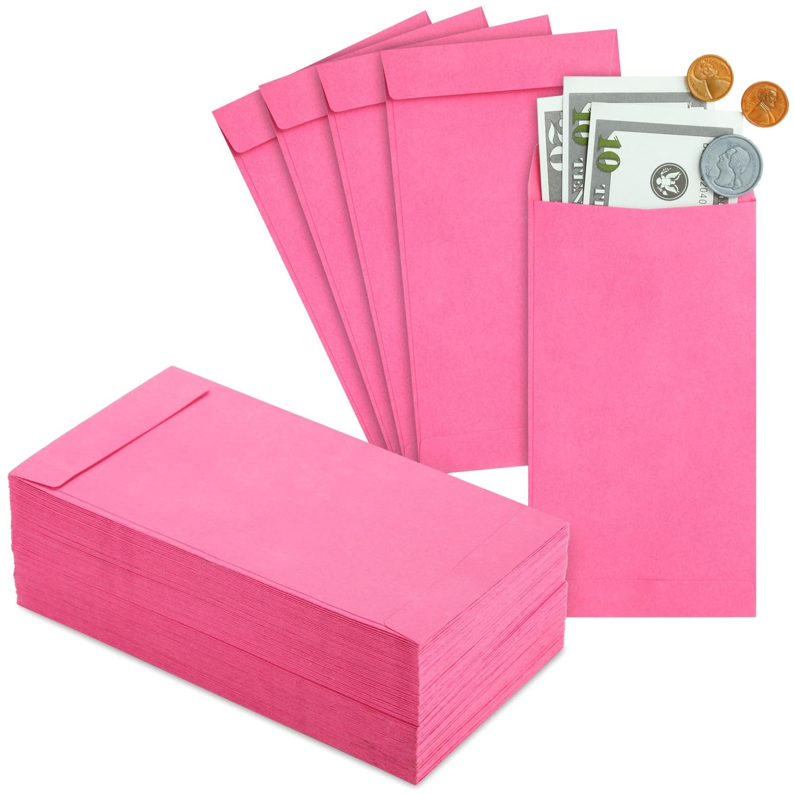 Okuna Outpost 100 Pack Money Envelopes For Cash, Payroll, Money Saving, Coins, Currency, 100Gsm, Pink (4 X 7 In)