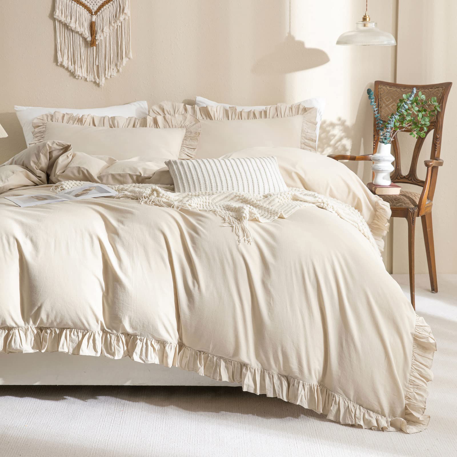 Qsh 100% Cotton Duvet Cover King Ruffle Duvet Cover Linen Feel Textured Farmhouse Shabby Vintage Chic Bedding Comforter Cover 3