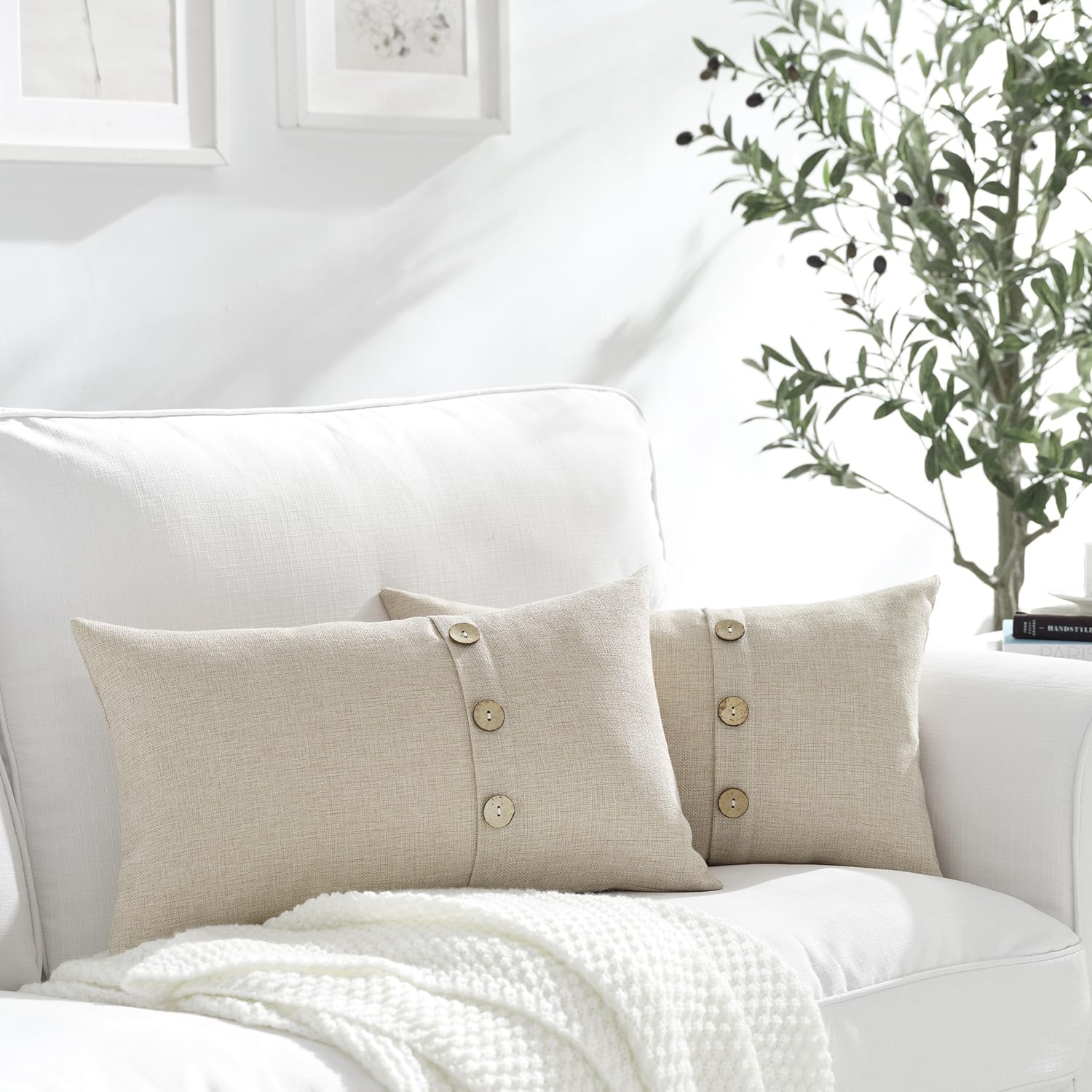 Meekio Set Of 2 Biscotti Beige Lumbar Pillow Covers 12 X 20 Farmhouse Linen Pillow Covers With Coconut Buttons For Sofa Couch Li