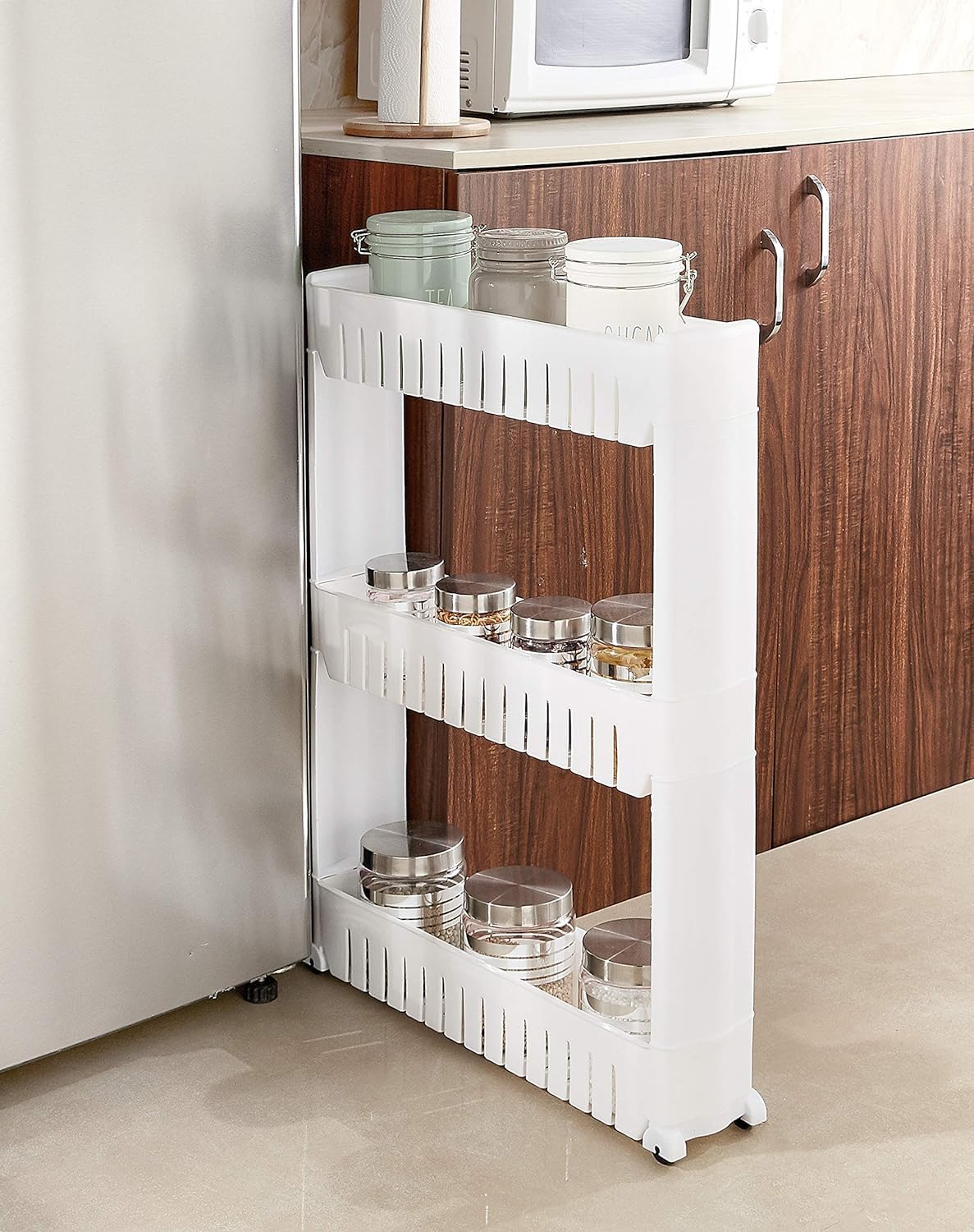 Bagrino Slim Rolling Storage Rack  3Tiered Shelf Plastic SlideOut Organizer For Kitchen, Bathroom, Laundry, Pantry & Utility 