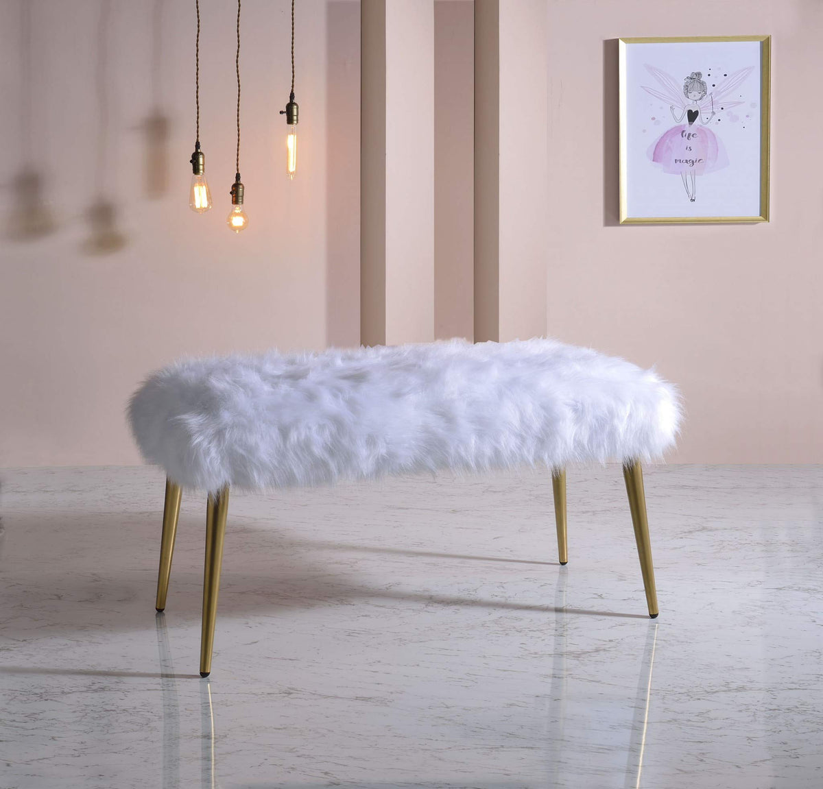 HomeRoots Metal, Upholstered (Seat) 18&quot; X 38&quot; X 20&quot; White Faux Fur Gold Metal Upholstered (Seat) Bench