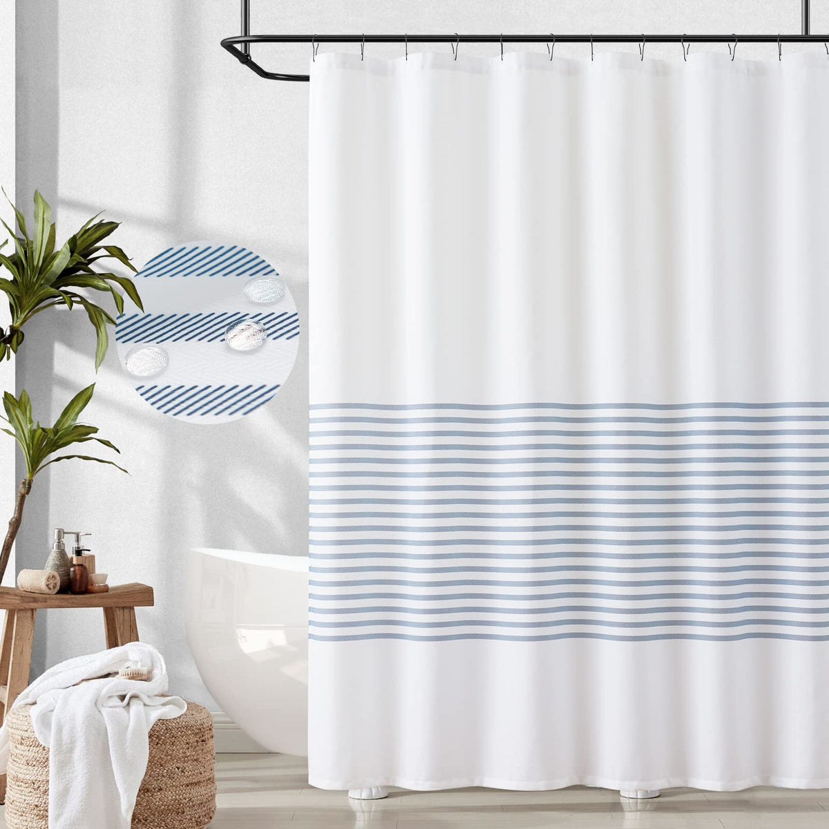 jinchan White Shower Curtain with Blue Stripes Fabric Shower Curtain for Bathroom Modern Shower Curtain Waterproof in Bath 70x72