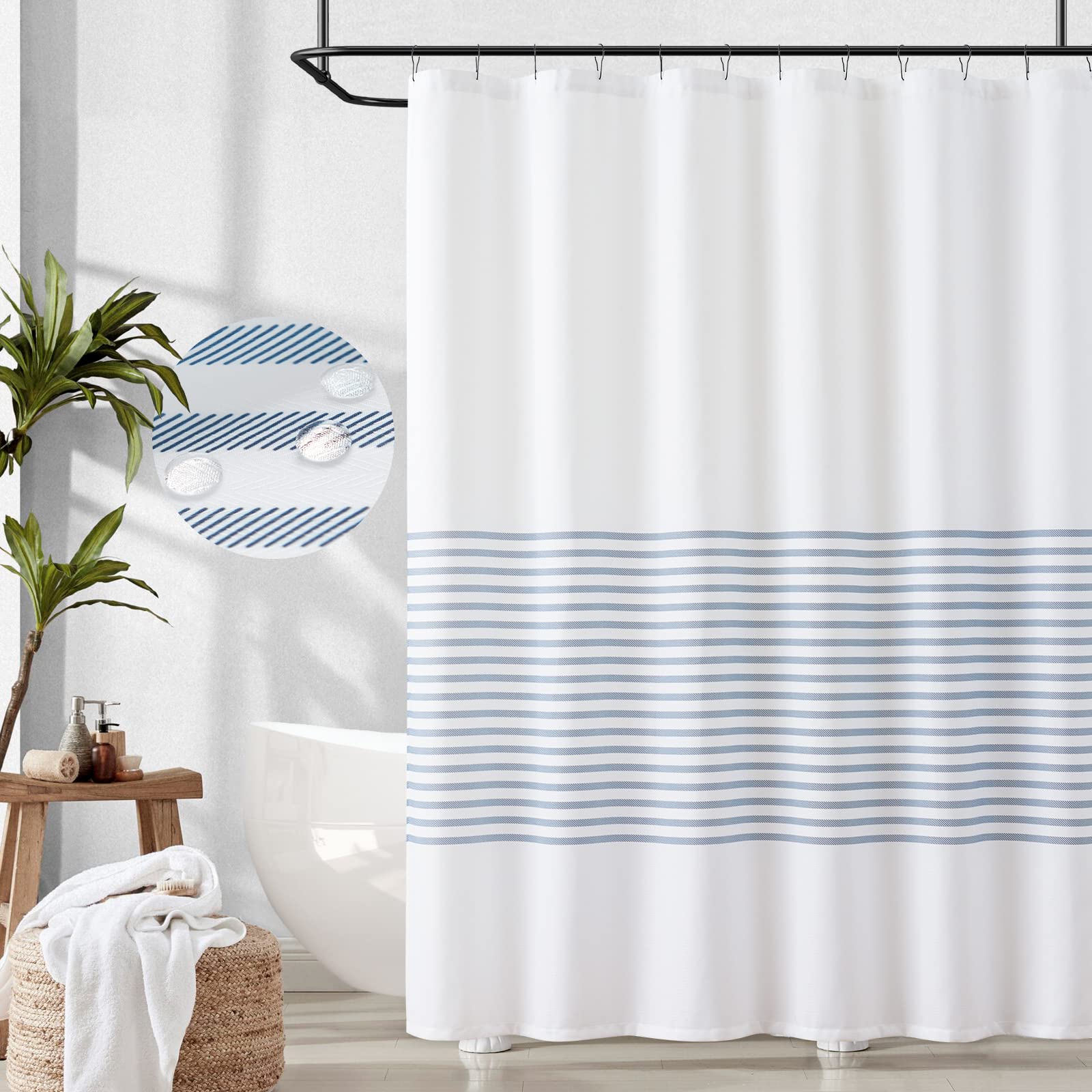 jinchan White Shower Curtain with Blue Stripes Fabric Shower Curtain for Bathroom Modern Shower Curtain Waterproof in Bath 70x72