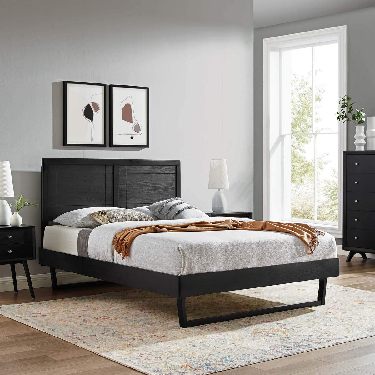 Modway Marlee Wood Queen Platform Bed In Black With Angular Frame