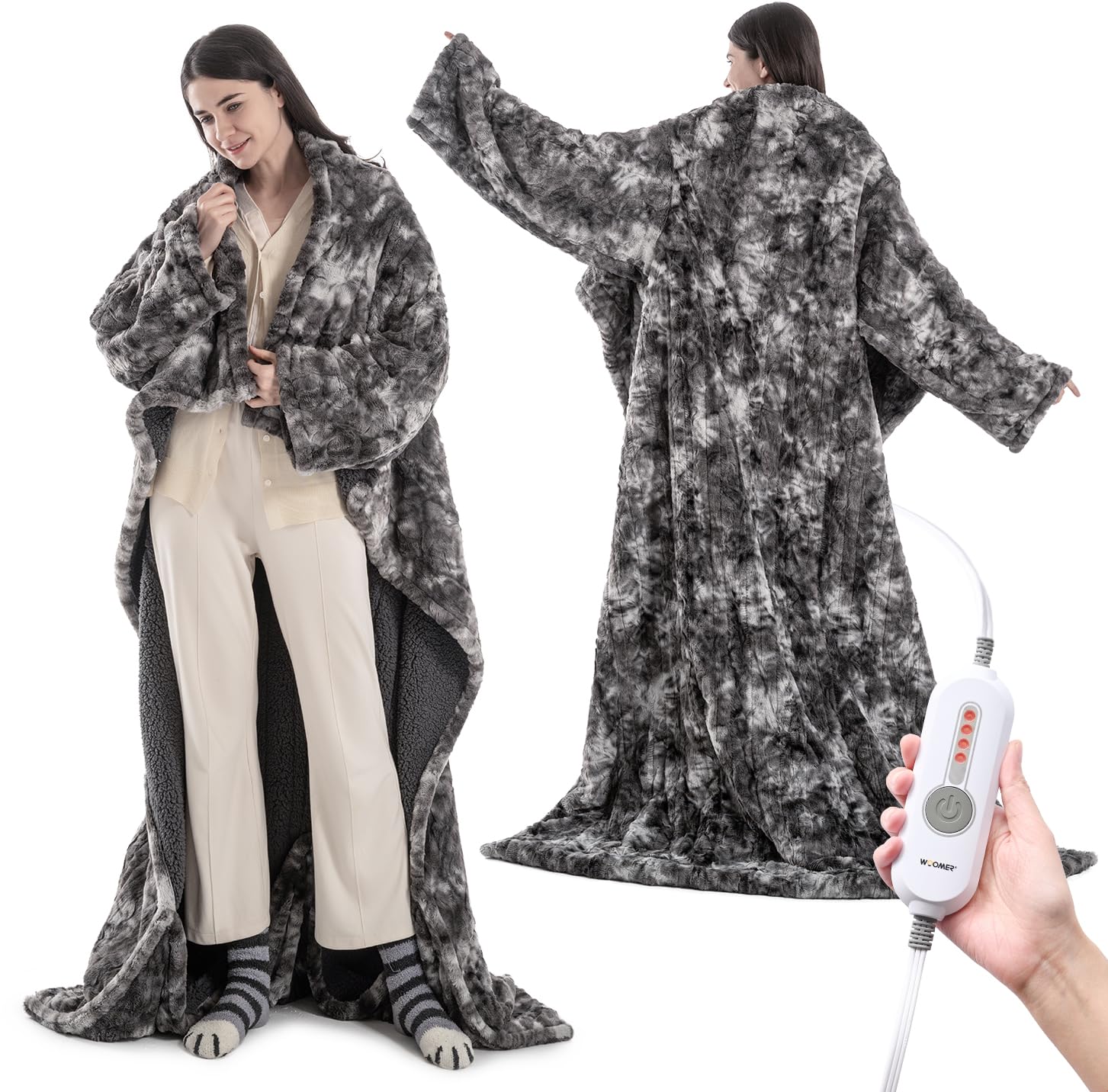 Woomer Wearable Heated Blanket 50     70, Soft Faux Fur & Cozy Sherpa Heated Snuggle With Foot Pockets And Sleeves, 4 Heating Le