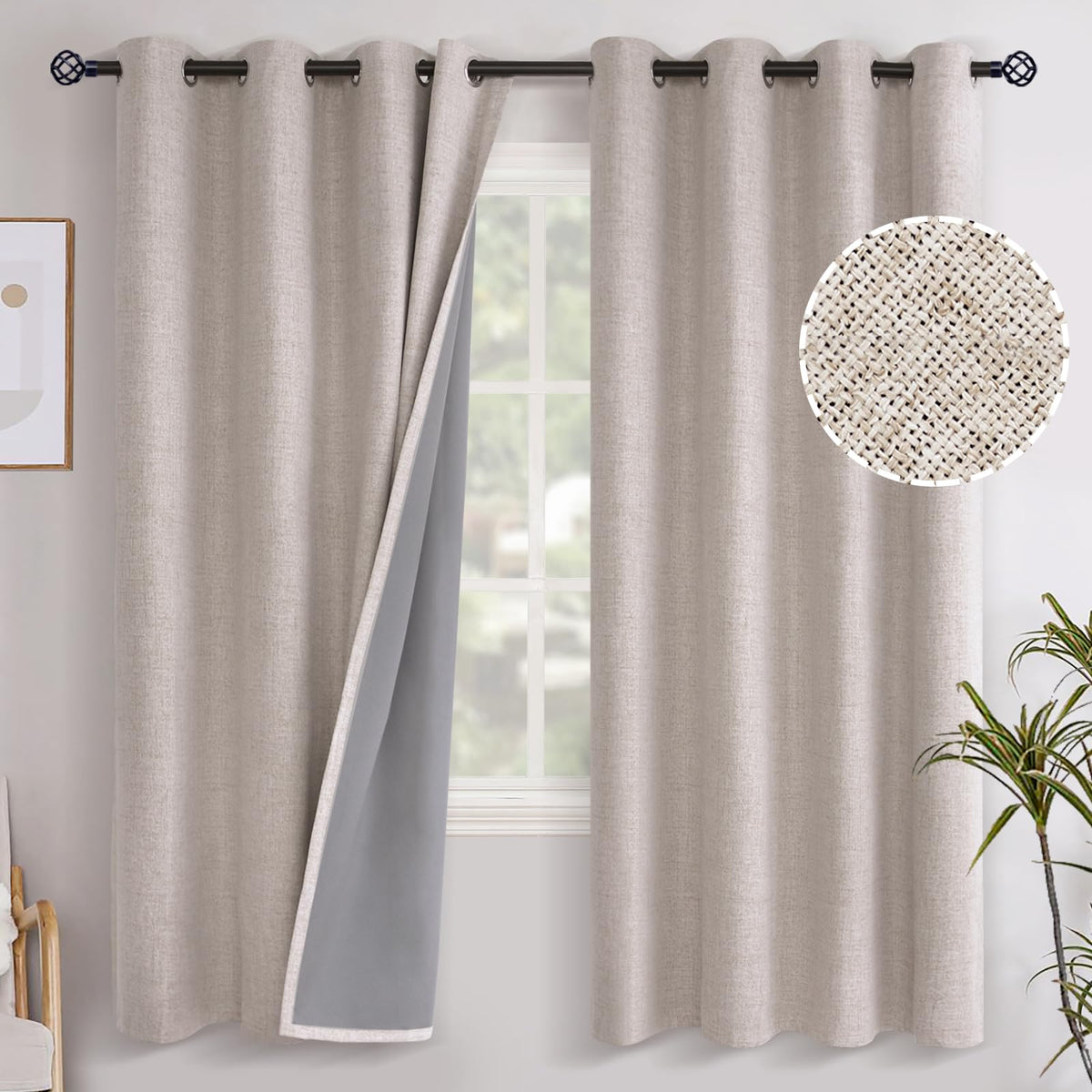 Youngstex Linen 100% Blackout Curtains 72 Inches Length For Bedroom, Thermal Insulated Full Room Darkening Burlap Textured Windo