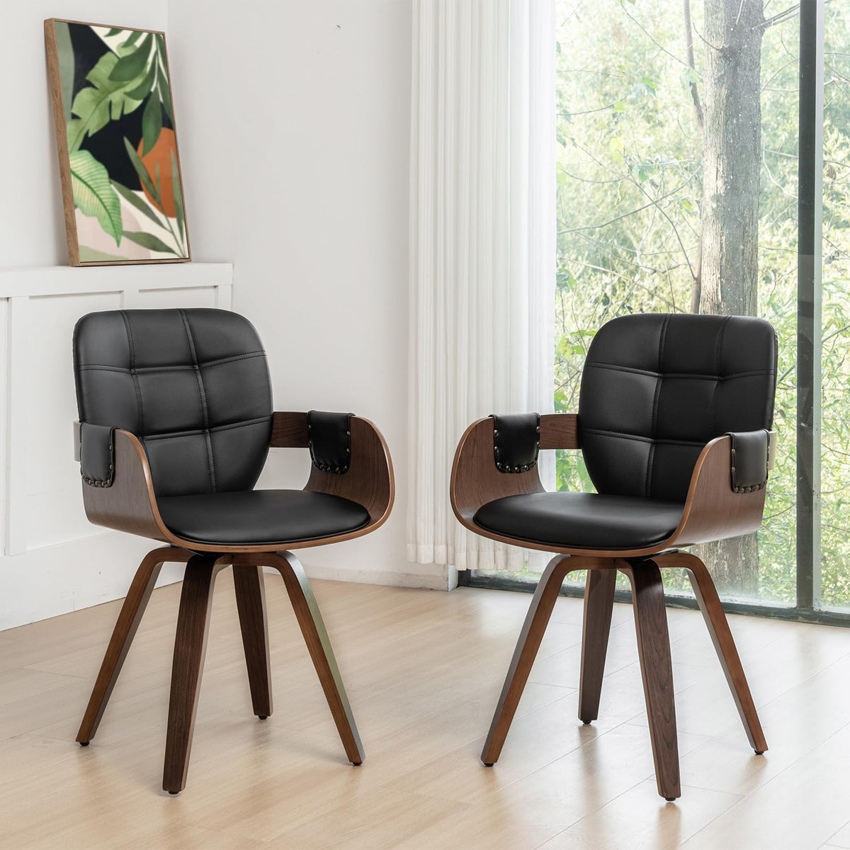 Allfonis Set Of 2 Mid Century Modern Chairs - Swivel Dining Chairs With Arms And Curved Back, Faux Leather Reception Room Chairs