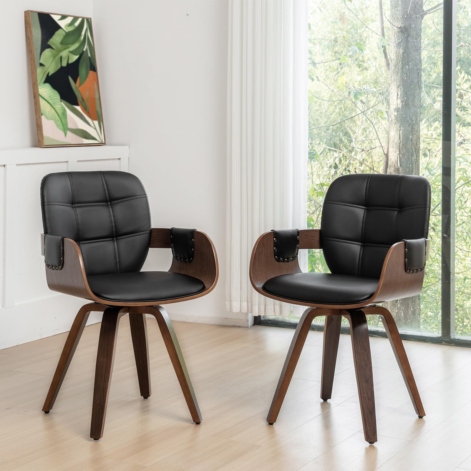 Allfonis Set Of 2 Mid Century Modern Chairs - Swivel Dining Chairs With Arms And Curved Back, Faux Leather Reception Room Chairs