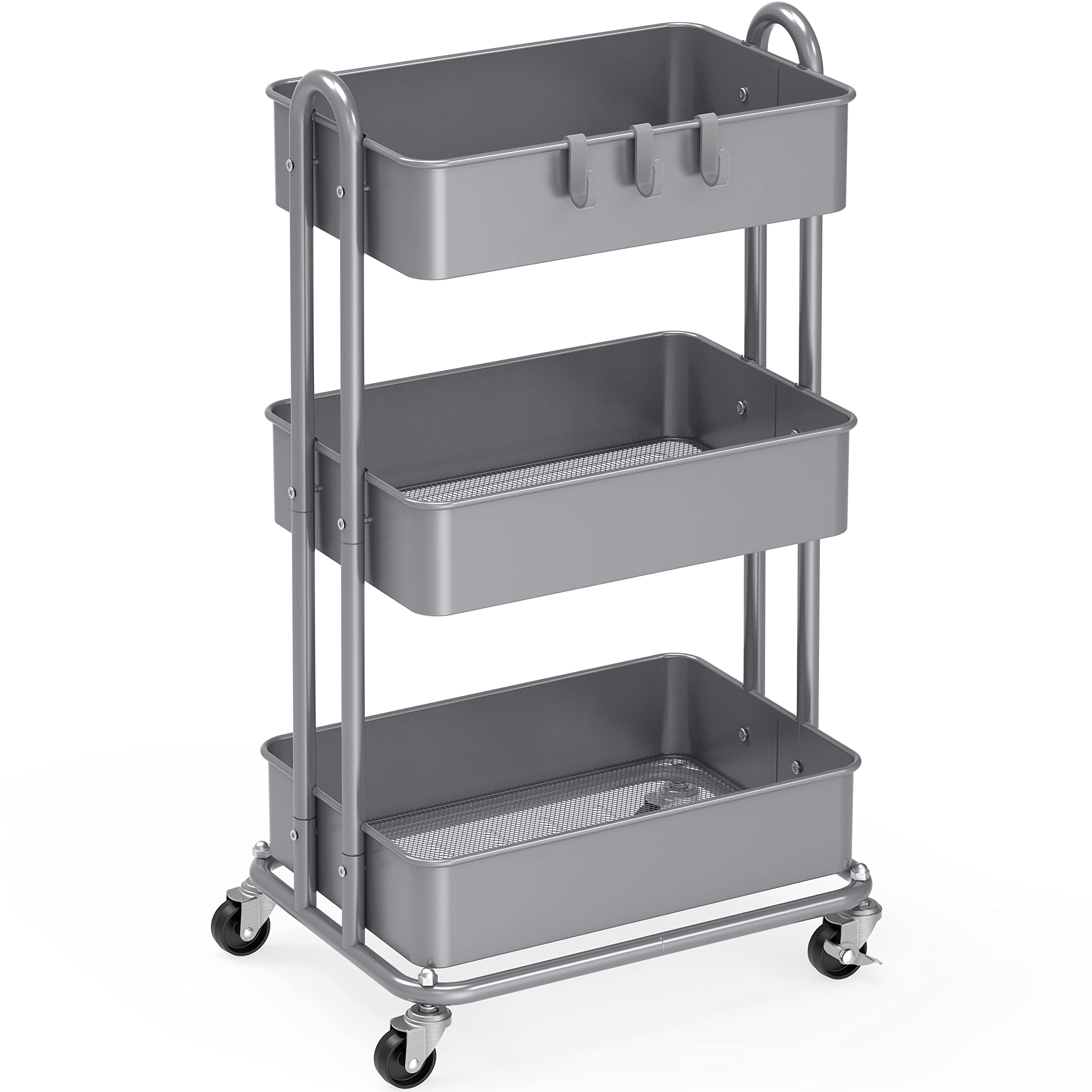 Simple Houseware 3-Tier Heavy Duty Metal Utility Rolling Cart, Silver