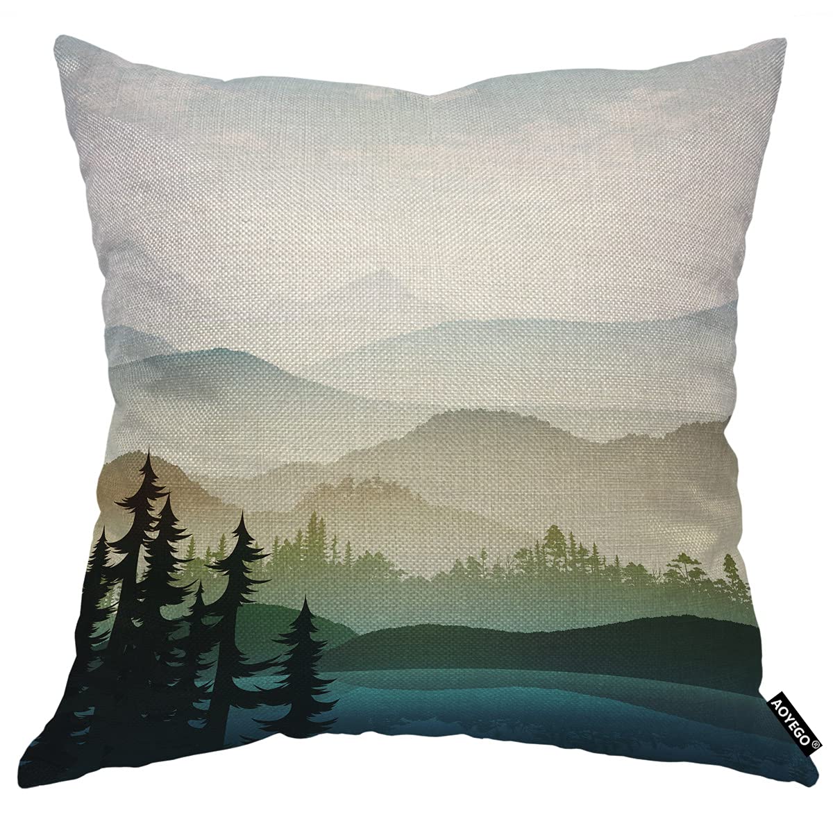Aoyego Nature Landscape Throw Pillow Cover Mountain Forest And Lake Summer Green Plant Fog River Park Pillow Case 18X18 Inch Dec