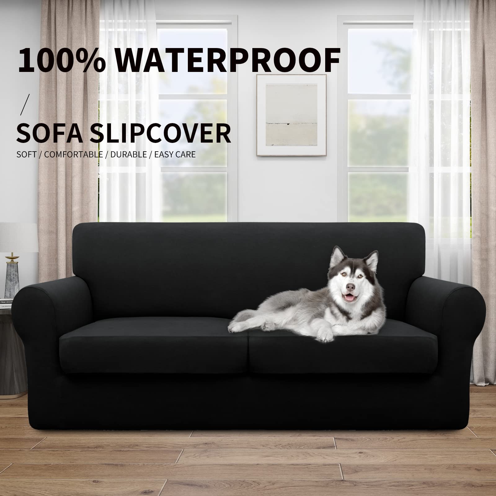 Easy-Going 100% Dual Waterproof Oversized Loveseat Cover Stretch Soft Couch Cover For Dogs, Sofa Slipcover For 2 Separate Cushion Couch Leakproof Furniture Protector For Kids, Pets Black