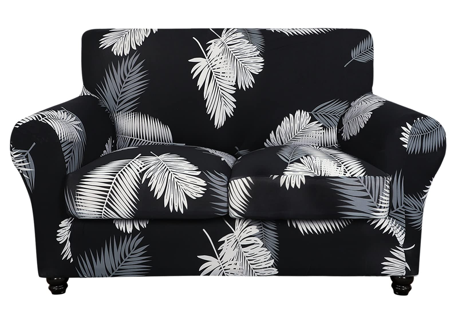 Searchi Stretch Sofa Cover Printed Couch Cover, Floral Pattern 3 Pieces Loveseat Slipcover With 2 Separate Cushion Cover, Washable Furniture Protector For Living Room(Loveseat, Black+Palm Leaves)