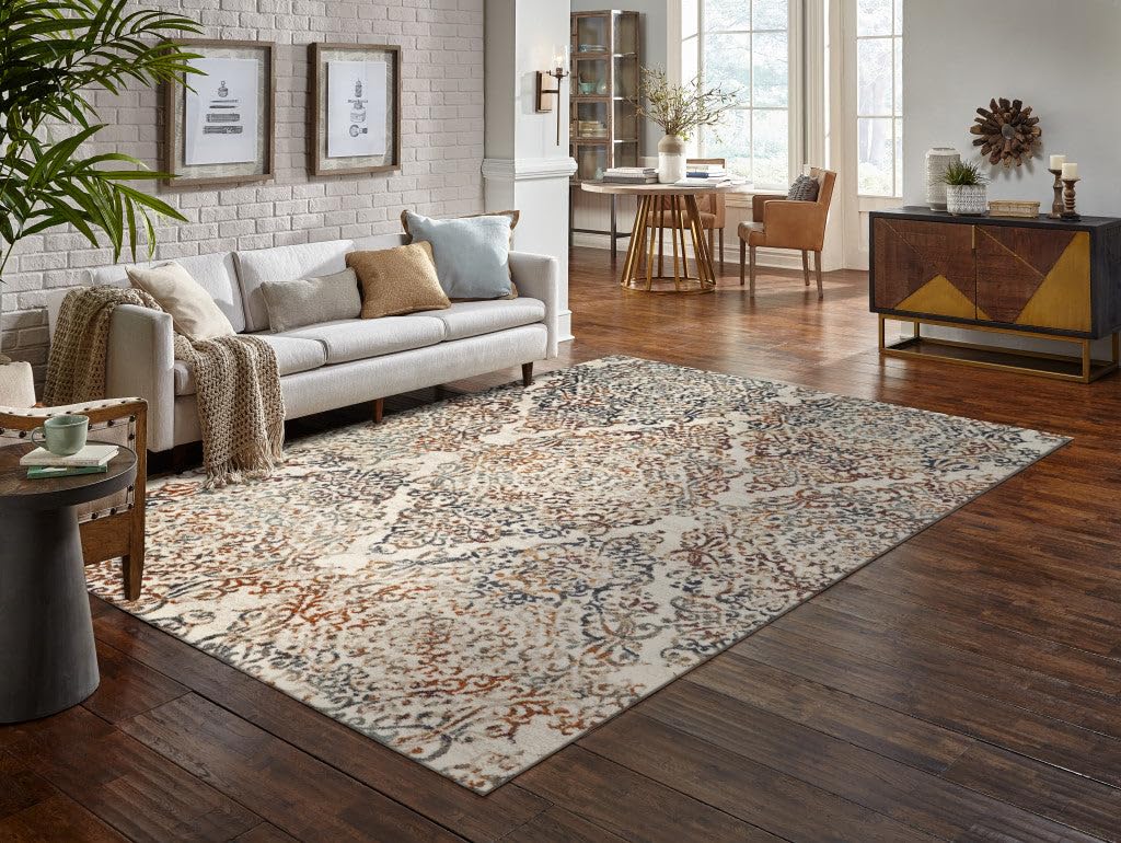HomeRoots Heat-Set Polypropelene 5’ x 8’ Ivory Brown Decorative Diamond Area Rug