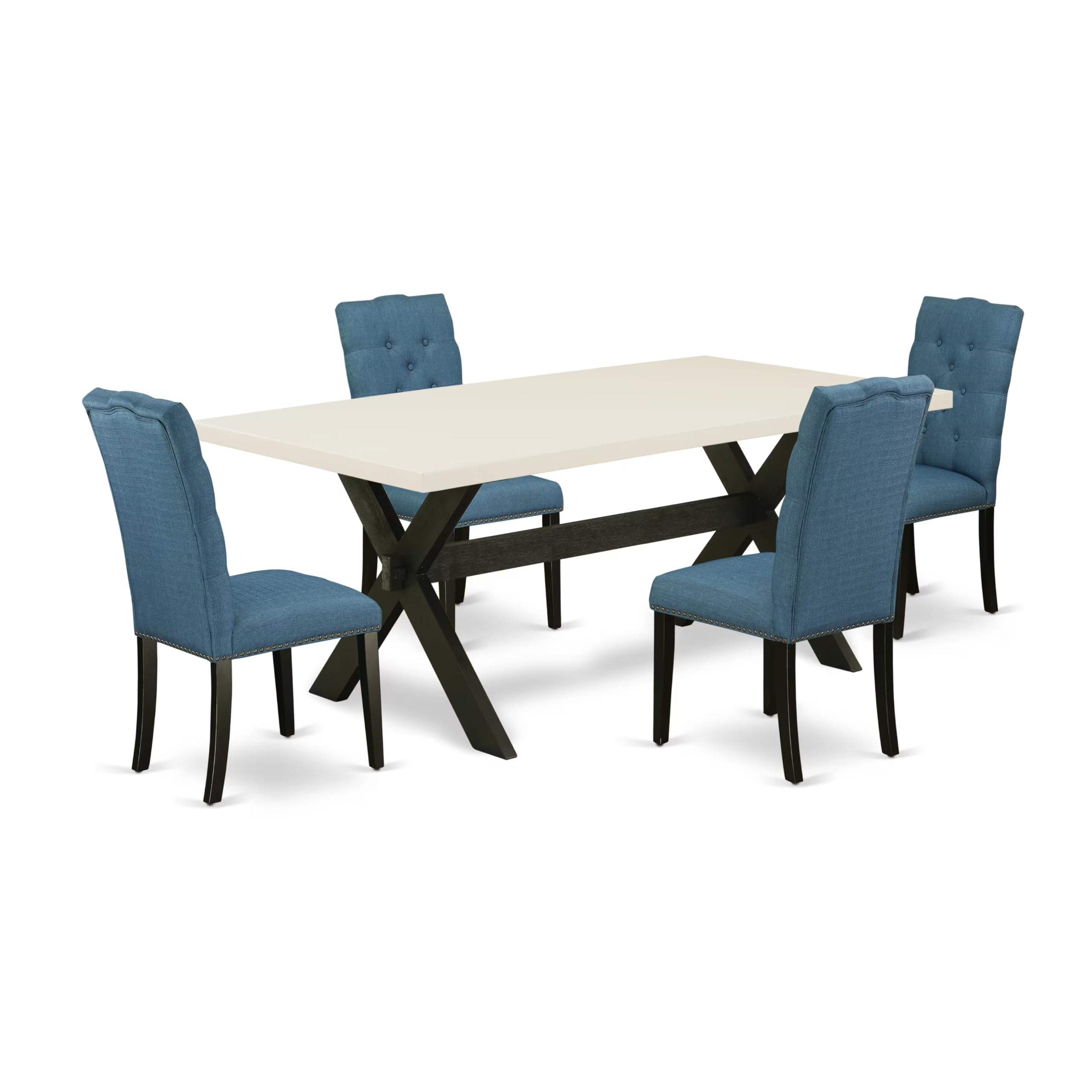 East West Furniture X627El121-5 5 Piece Dining Table Set For 4 Includes A Rectangle Kitchen Table With X-Legs And 4 Blue Linen Fabric Parson Dining Room Chairs, 40X72 Inch, Multi-Color