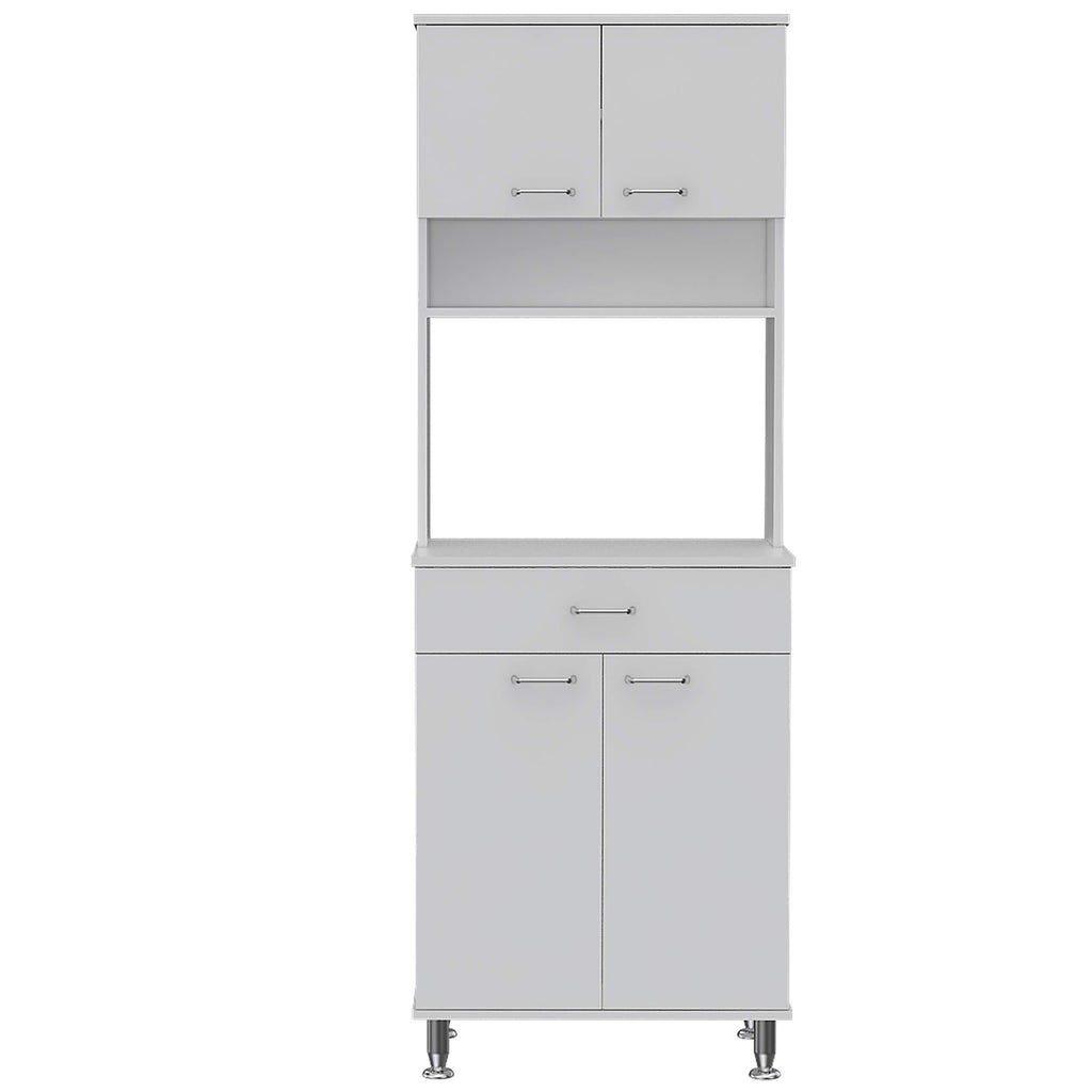 Pantry Cabinet 67" H, 4 Doors, 1 Drawer, 3 Internal Shelves, 2 External Storage Shelves, Microwave Storage Option, 4 Legs, White