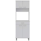 Pantry Cabinet 67" H, 4 Doors, 1 Drawer, 3 Internal Shelves, 2 External Storage Shelves, Microwave Storage Option, 4 Legs, White