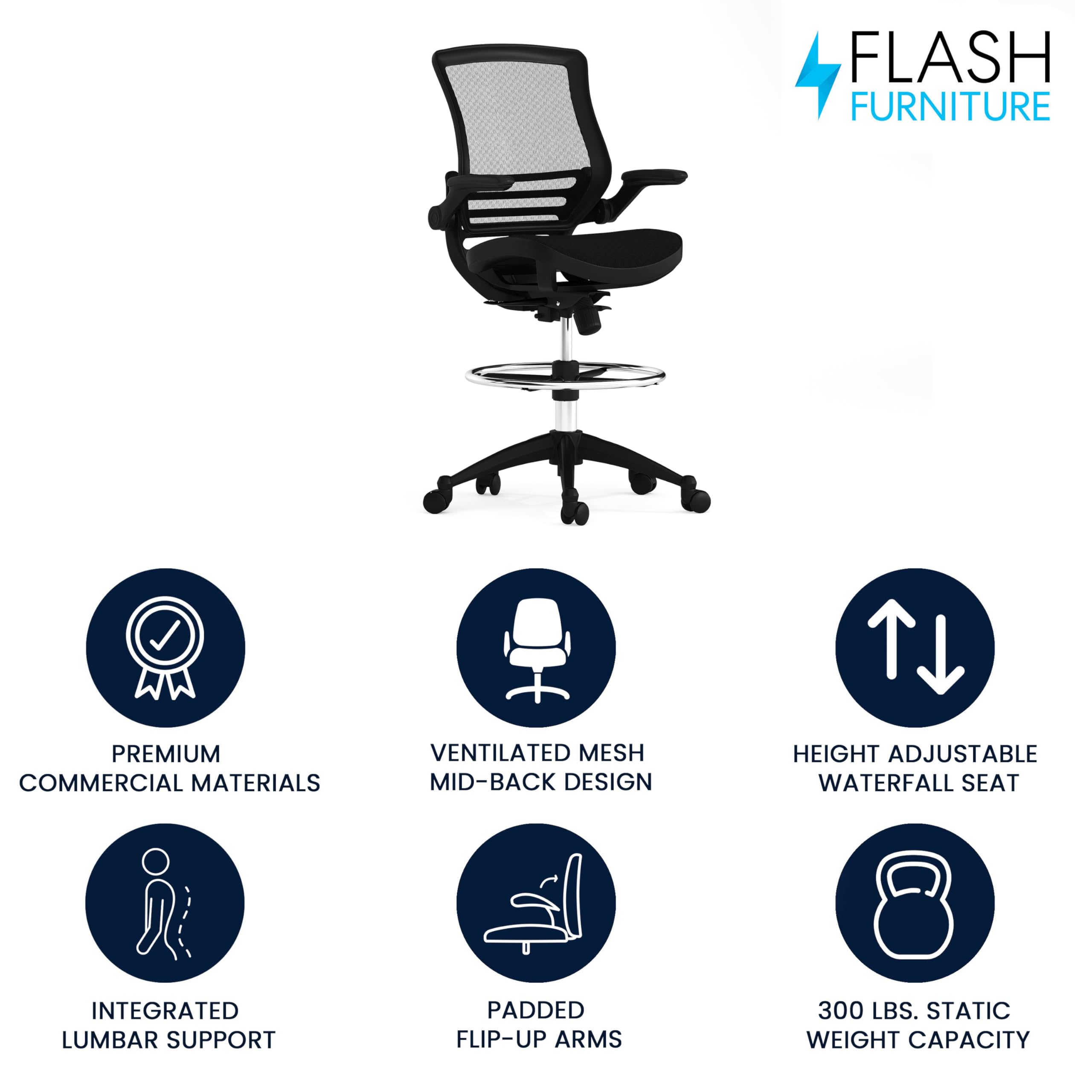 Flash Furniture Waylon Mid-Back Swivel Office Chair With Adjustable Foot Ring And Seat Height, Ergonomic Executive Chair With Armrests, Black