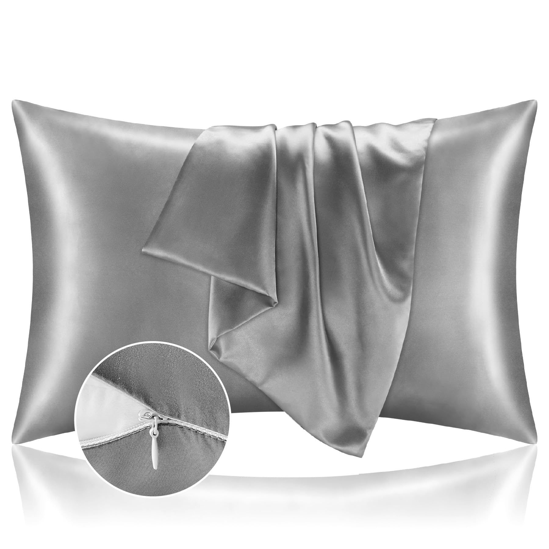 Bedelite Satin Pillowcase With Zipper, Grey King Size Pillow Cases Set Of 2, Super Soft And Cooling Similar To Silk Pillow Cases