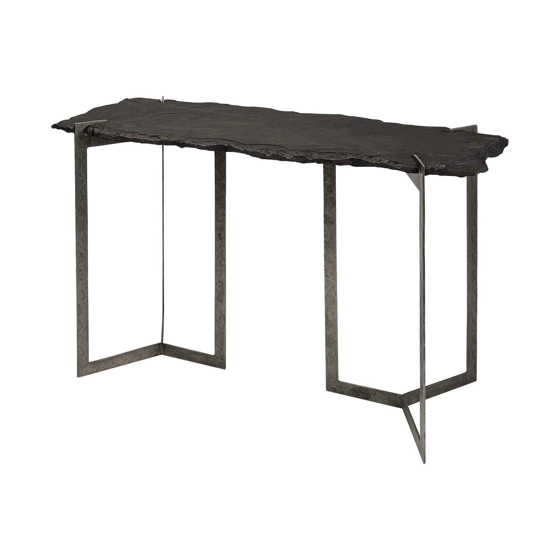 HomeRoots Rectangular Black Live Edge Slate Console Table with Double Pedestal Base
