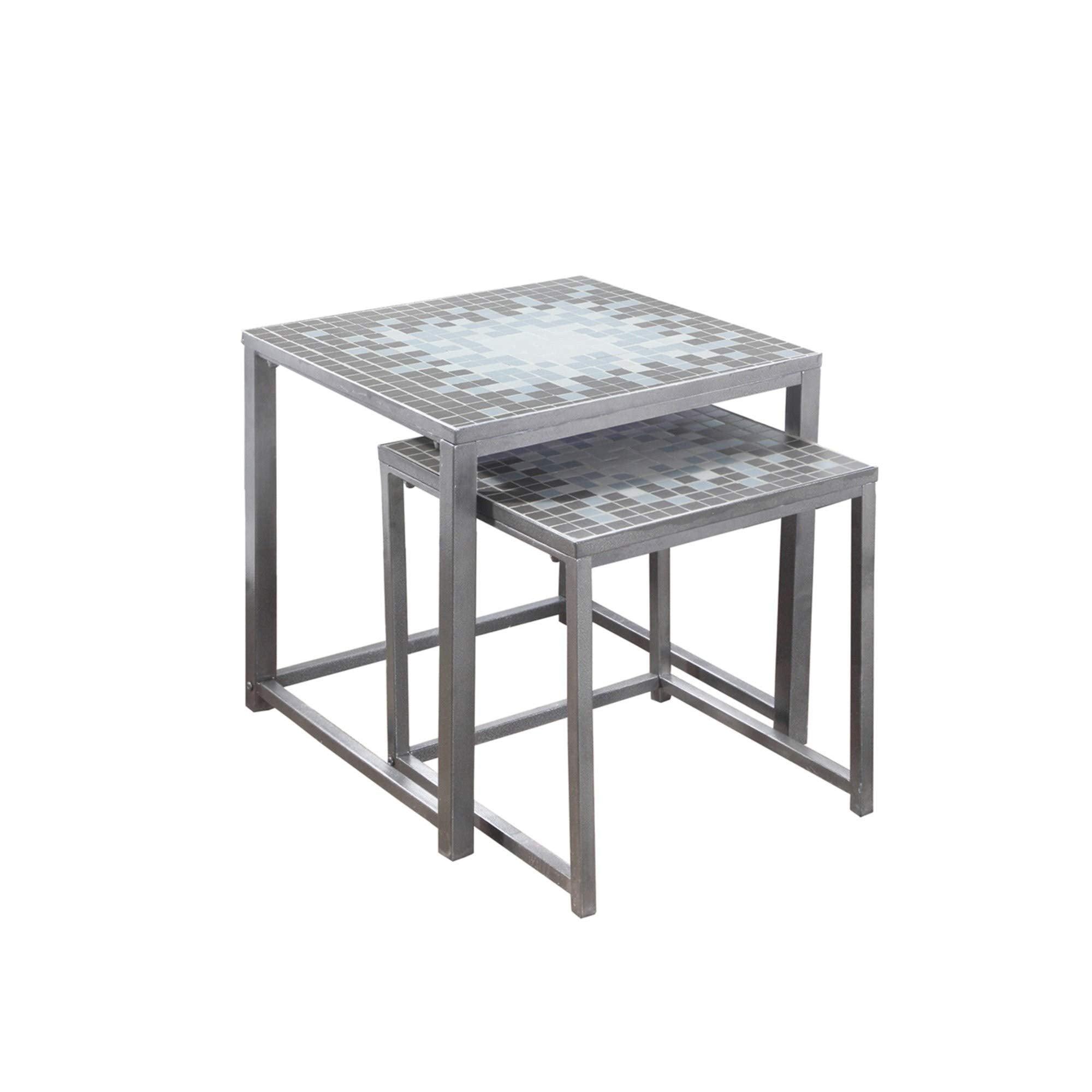 Monarch Specialties 3141 Nesting Table, Set Of 2, Side, End, Accent, Living Room, Bedroom, Metal, Tile, Blue, Grey, Transitional Table-2Pcs Set Top/Silver, 20&quot; L X 20&quot; W X 20&quot; H