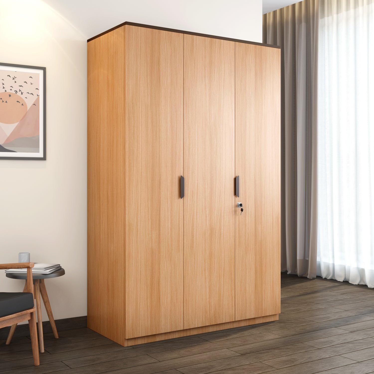 Nilkamal Milford Neo 3 Door Wooden Wardrobe Without Mirror For Bedroom | Almirah With 1 Hanging Rod, 1 Lockable Drawer & 8 Shelv