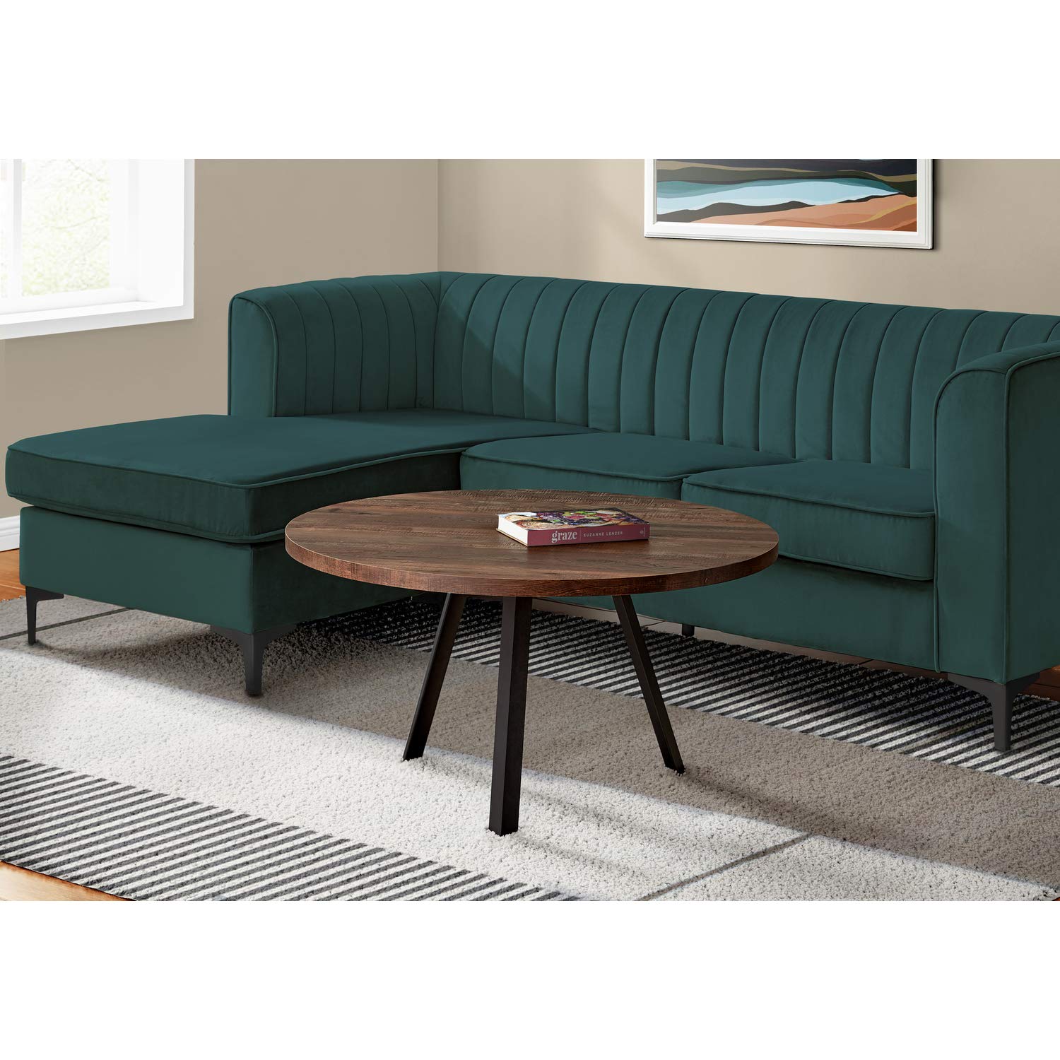 Monarch Specialties 7814 Coffee Table, Accent, Cocktail, Round, Living Room, 36&quot; Dia, Metal, Laminate, Black, Contemporary, Modern Table-36, 36&quot; L X 36&quot; W X 17.75&quot; H, Brown Reclaimed Wood-Look