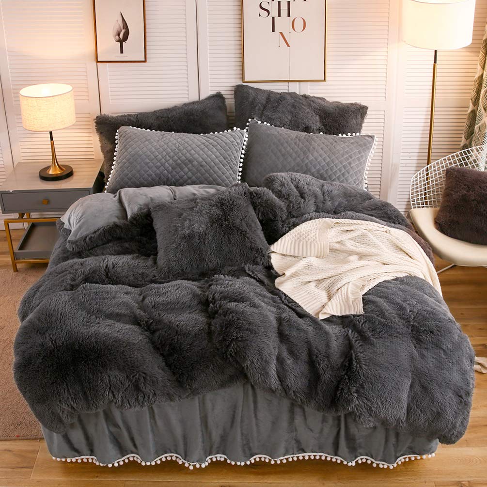 Liferevo Luxury Plush Shaggy Duvet Cover Set, Soft Velvet Fluffy Furry Duvet Cover Set(1 Faux Fur Fuzzy Comforter Cover+1 Pom Po