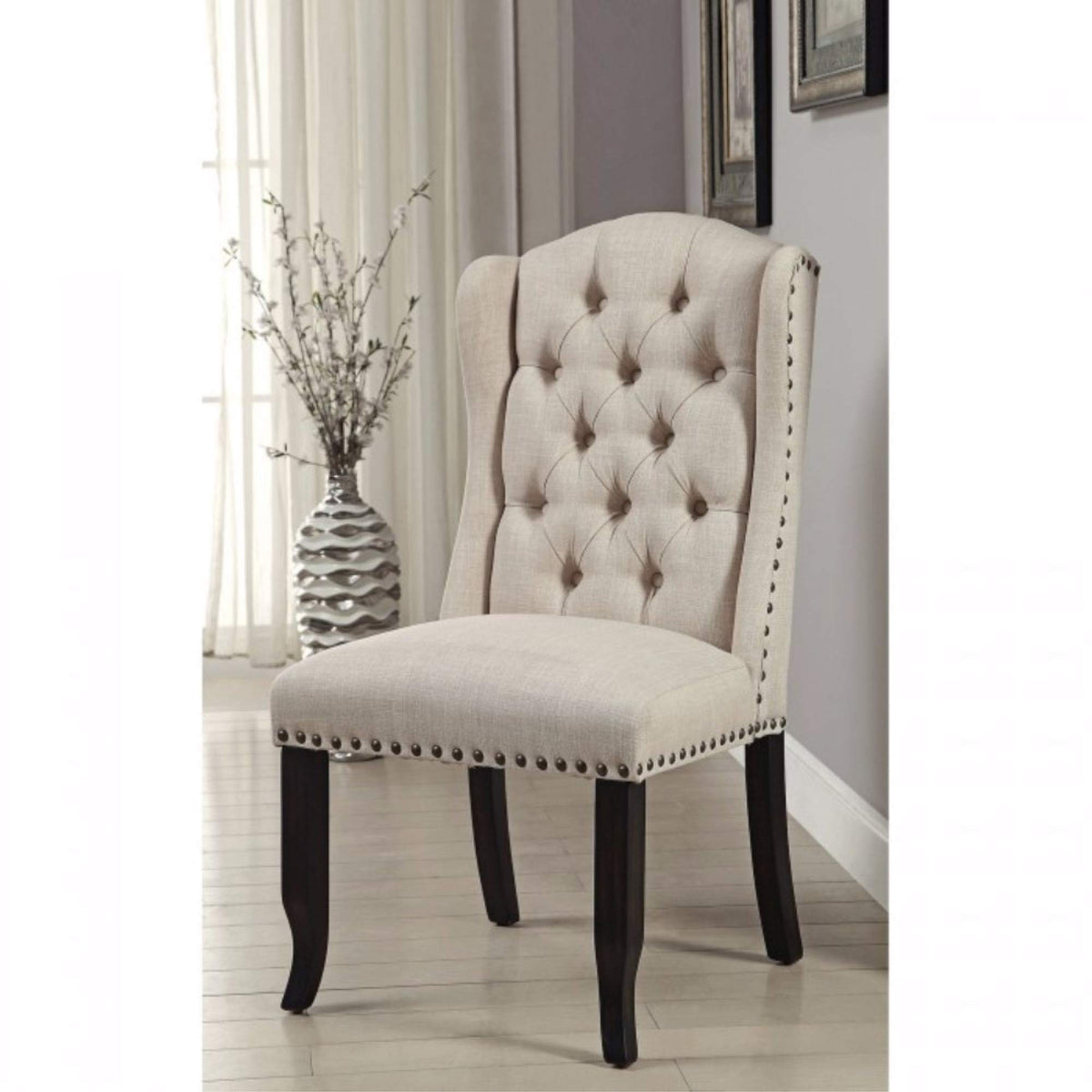 Benjara Upholstered Side Chair With Wing Back Design, Set Of Two, Black And Ivory
