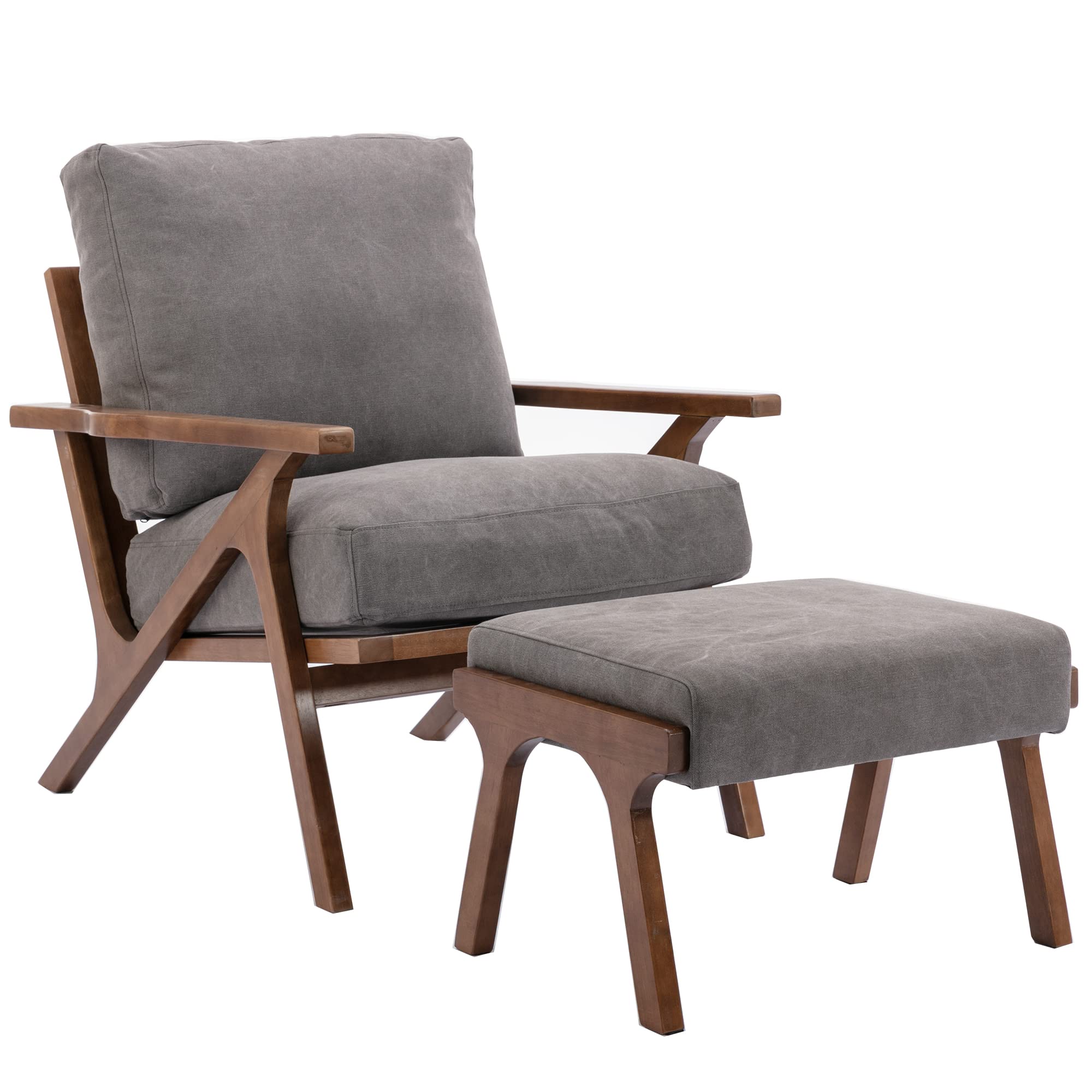 Chairus Mid-Century Modern Accent Chair With Ottoman, Linen Fabric Armchair With Wood Legs Comfy Upholstered Single Sofa Chair F