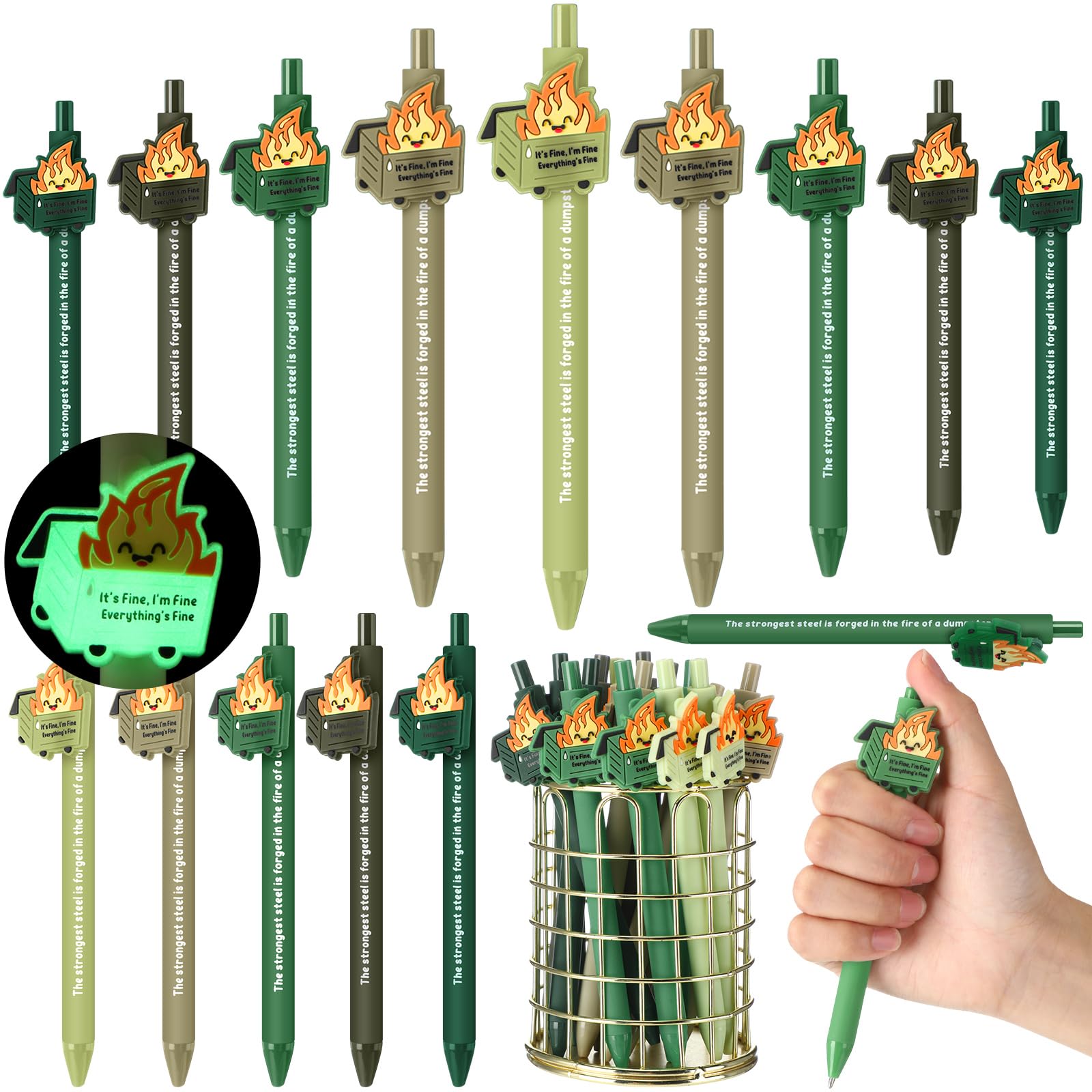 Sayglossy 10 Pcs Dumpster Fire Pen Gift Funny Luminous Dumpster Fire Ballpoint Pen with Saying Emotional Staff Appreciation Supp
