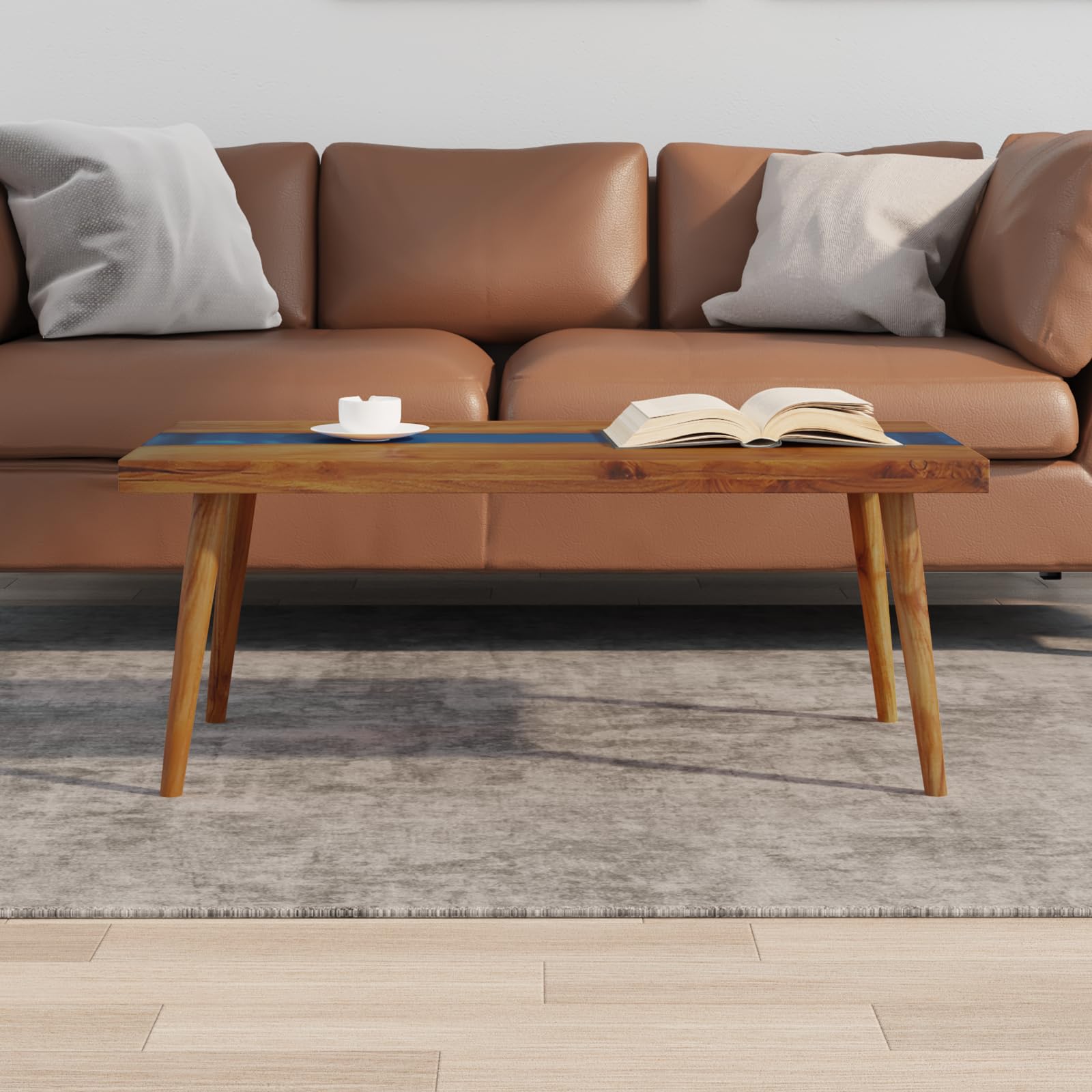 vidaXL Coffee Table with Resin Inlay, Rectangular Center Table with Lacquer Finish for Living Room, Fully Handmade, Solid Teak Wood, 39.4''x19.7''x15.8'', Brown and Blue