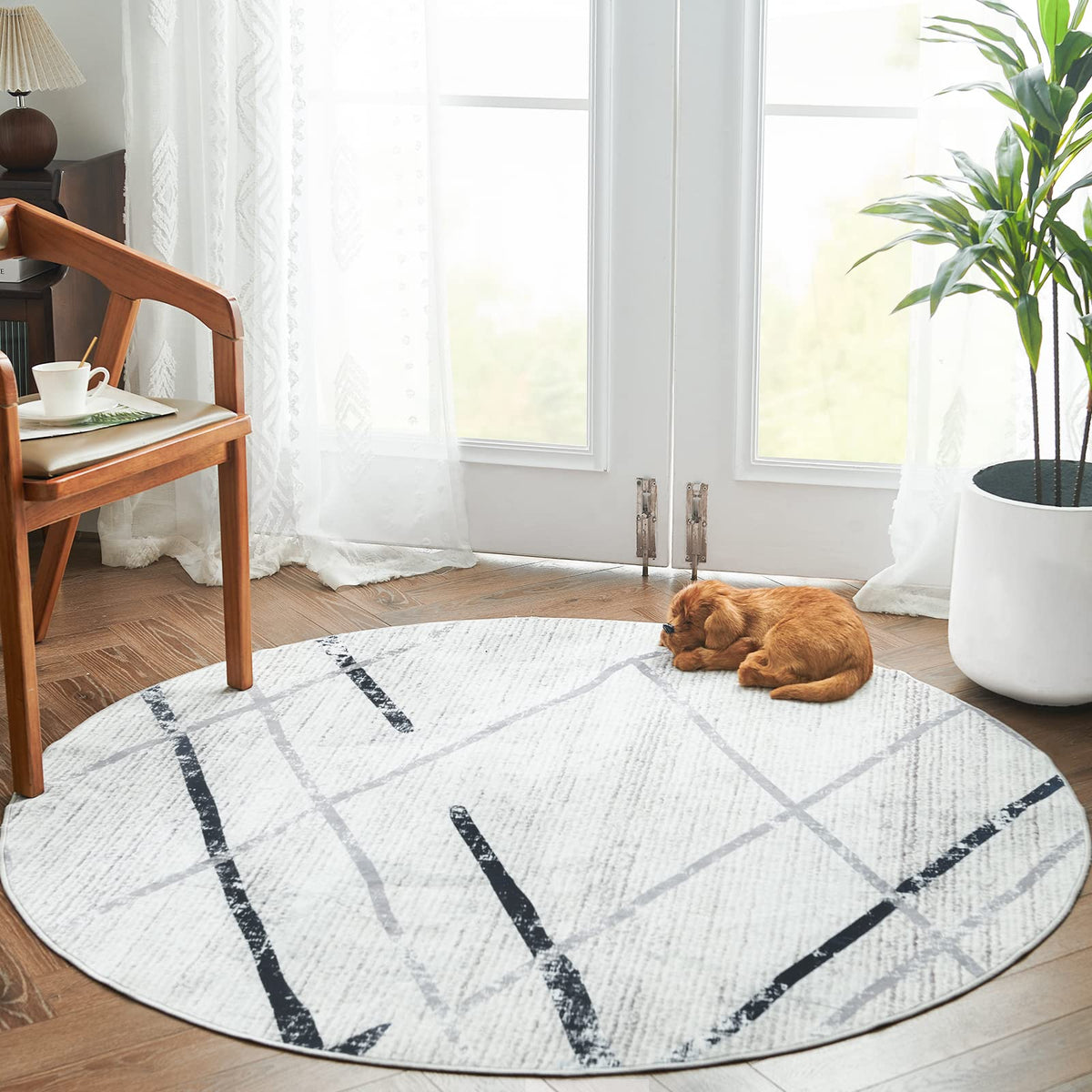 jinchan Round Rug 4ft Washable Rug Small Area Rug Moroccan Black Grey Thin Modern Geometric Circle 4' Round Rug Indoor Non Slip 