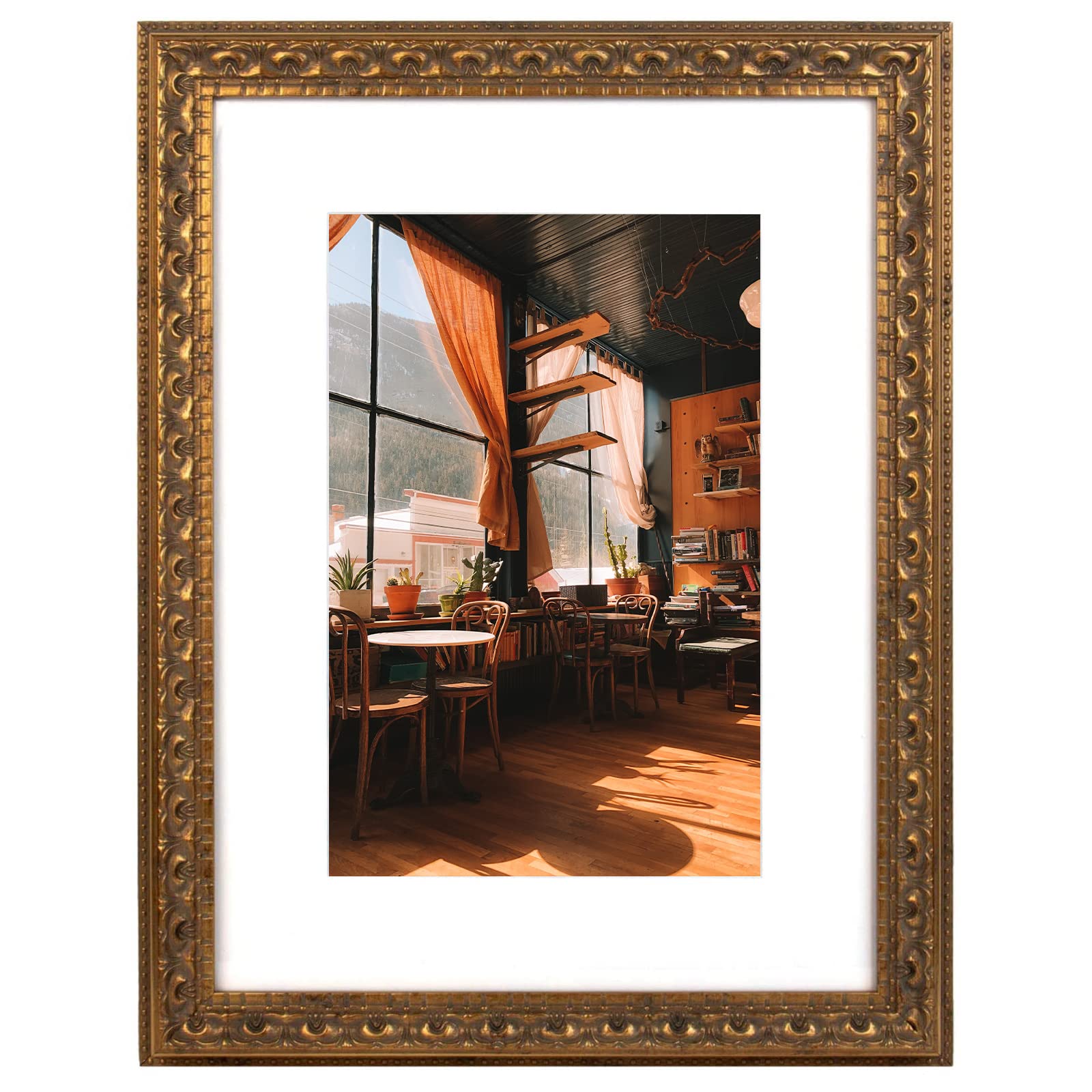 Golden State Art, 12x16 Ornate Bronze Color Frame - White Mat for 8x12 Photo - Complex Molding Design - Wall Mounting - Portrait