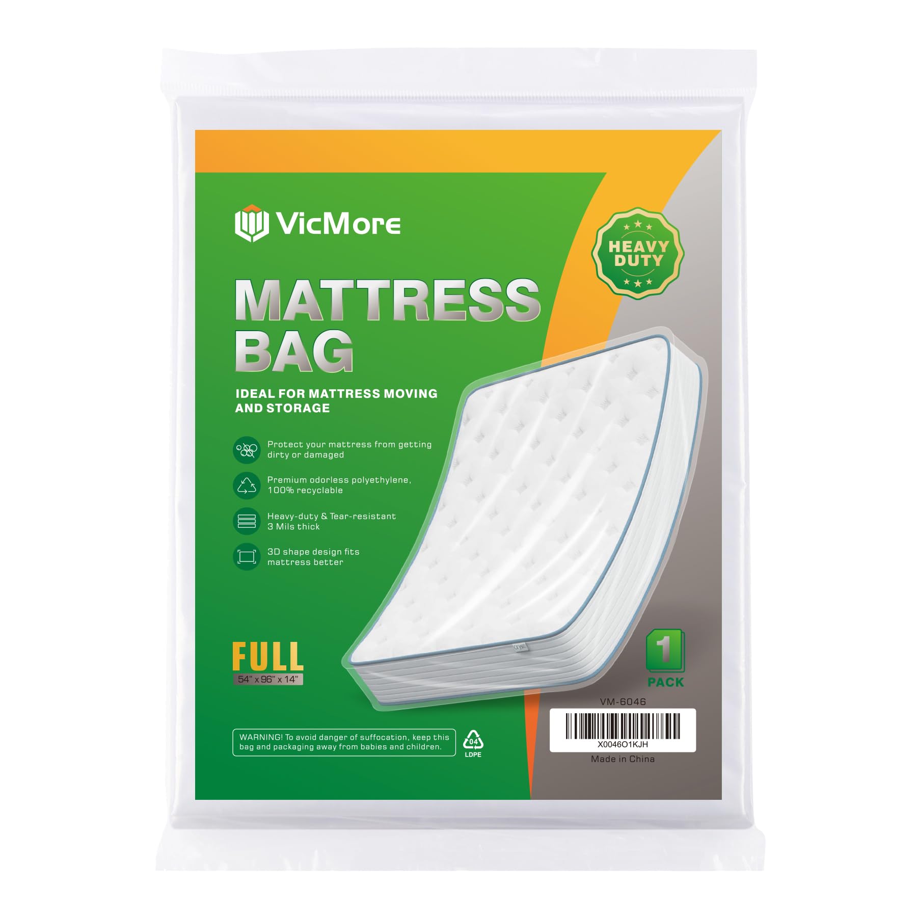Vicmore Heavy-Duty Full Size Mattress Bag For Moving 54-Inch By 96-Inch Sturdy Mattress Storage Bag Waterproof & Recyclable Matt